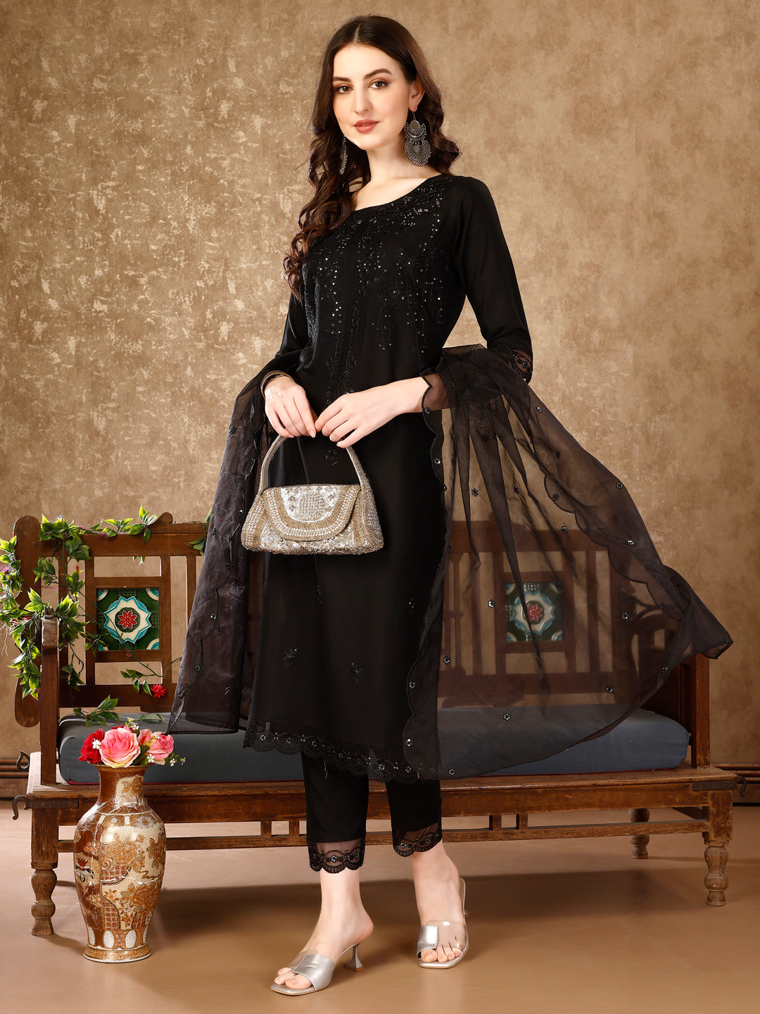 Pakistani Sequinned Embroidered Kurta with Pant & Embroidered Organza Dupatta luxury premium