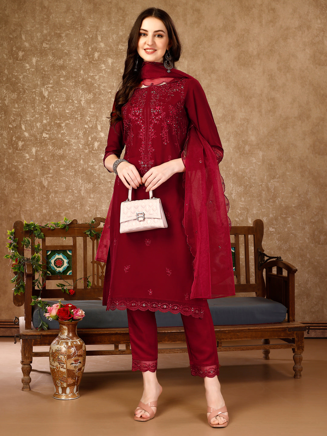 Pakistani Sequined Embroidered Kurta with Pant & Embroidered Organza Dupatta luxury premium