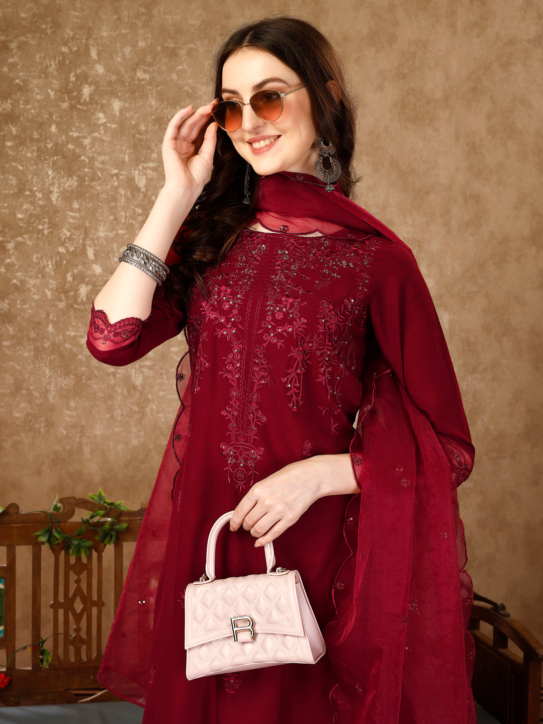 Pakistani Sequined Embroidered Kurta with Pant & Embroidered Organza Dupatta luxury premium