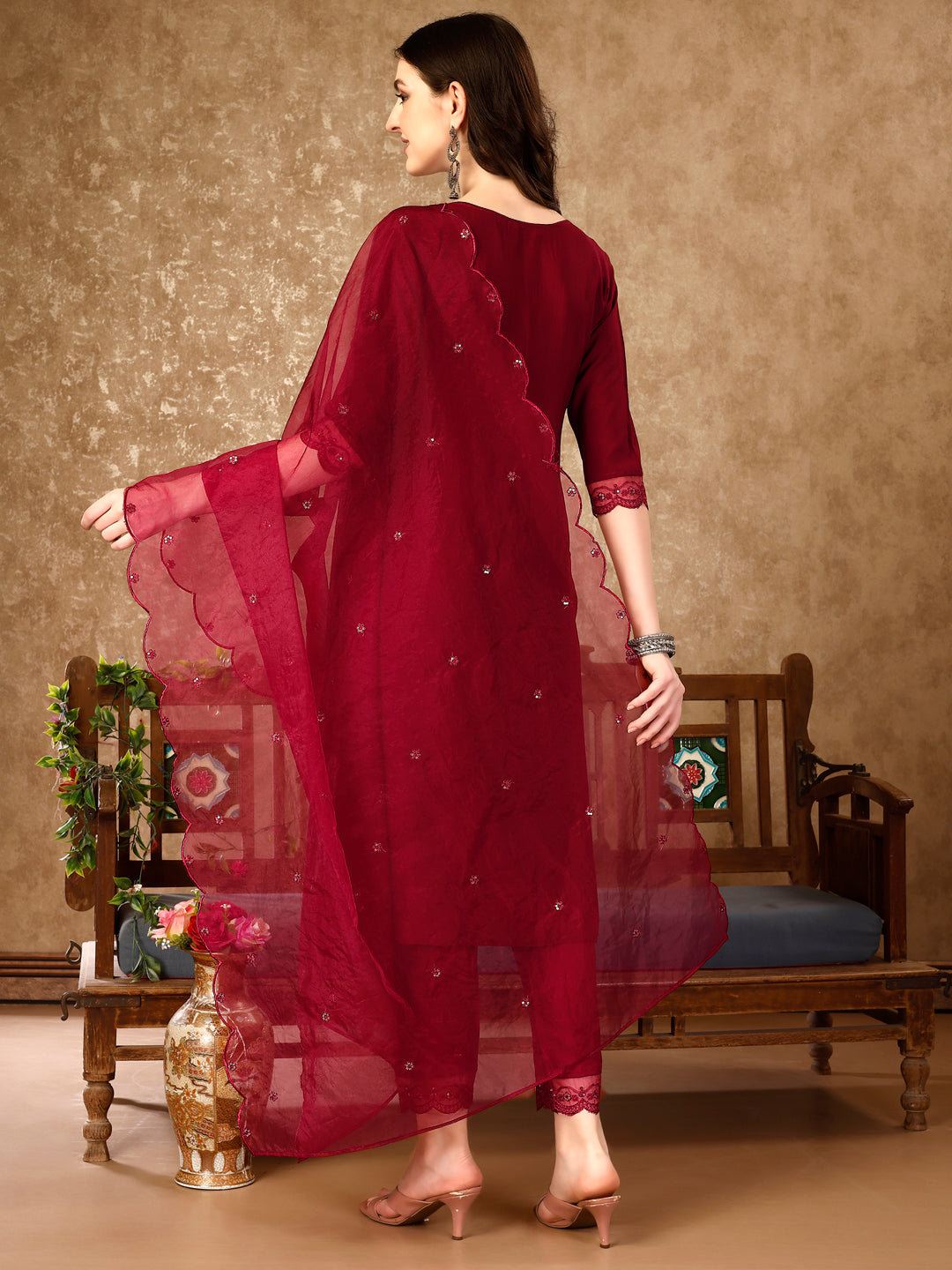 Pakistani Sequined Embroidered Kurta with Pant & Embroidered Organza Dupatta luxury premium