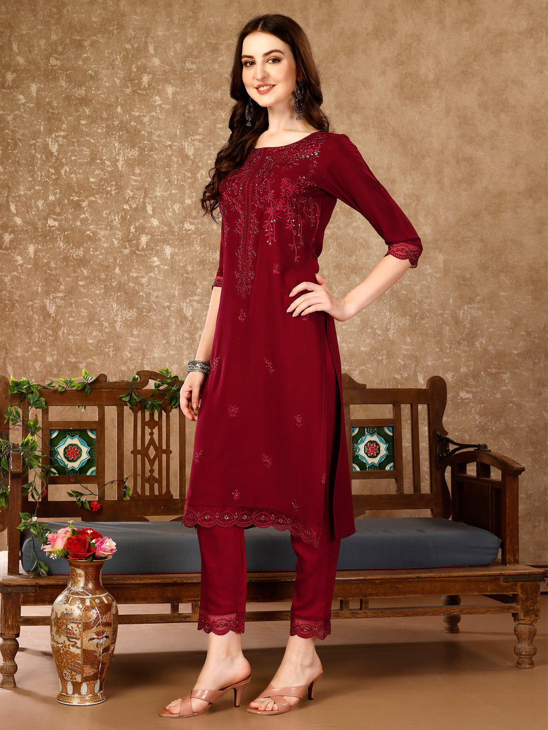 Pakistani Sequined Embroidered Kurta with Pant & Embroidered Organza Dupatta luxury premium