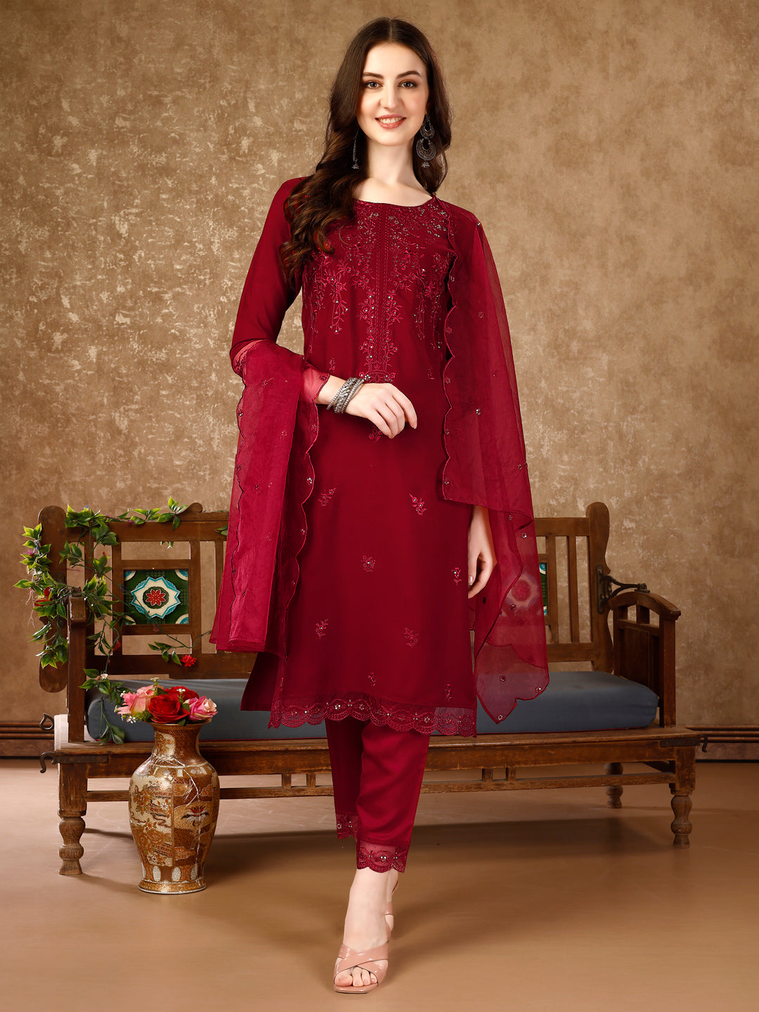 Pakistani Sequined Embroidered Kurta with Pant & Embroidered Organza Dupatta luxury premium