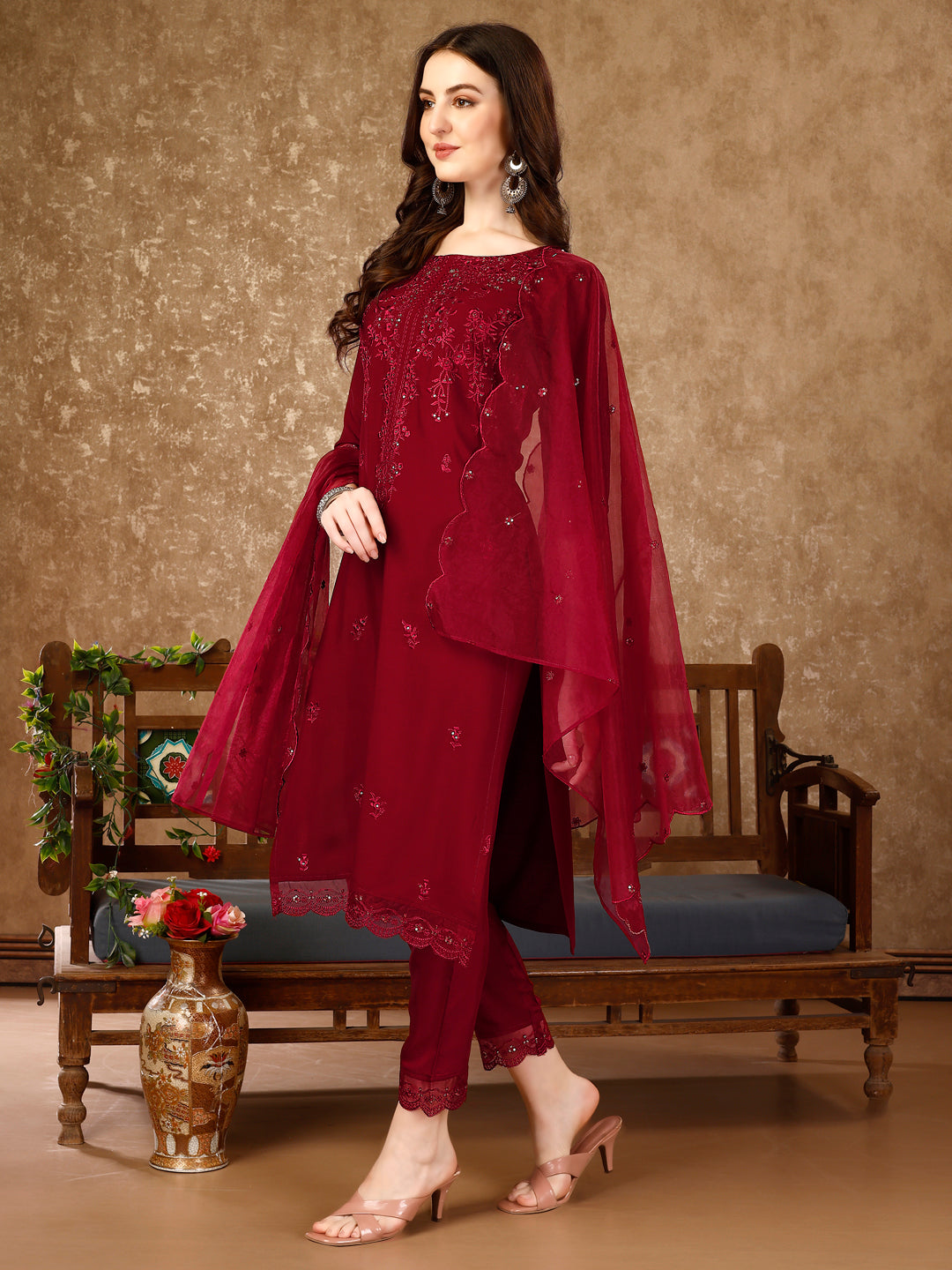 Pakistani Sequined Embroidered Kurta with Pant & Embroidered Organza Dupatta luxury premium