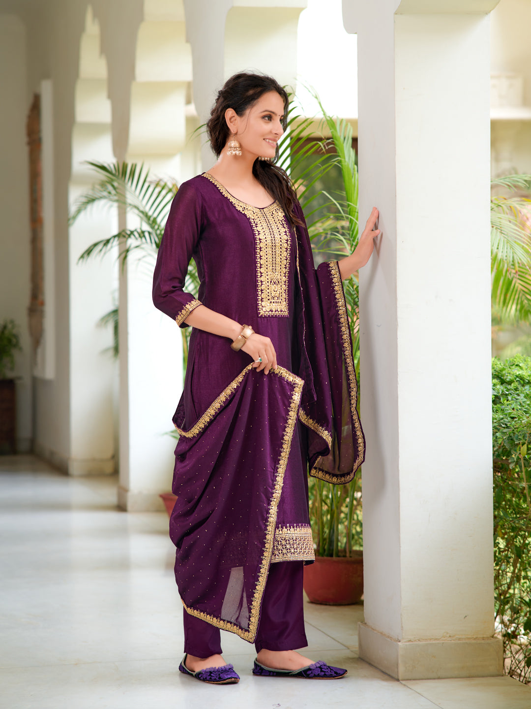 Embroidered Kurta with Pant & Printed Dupatta