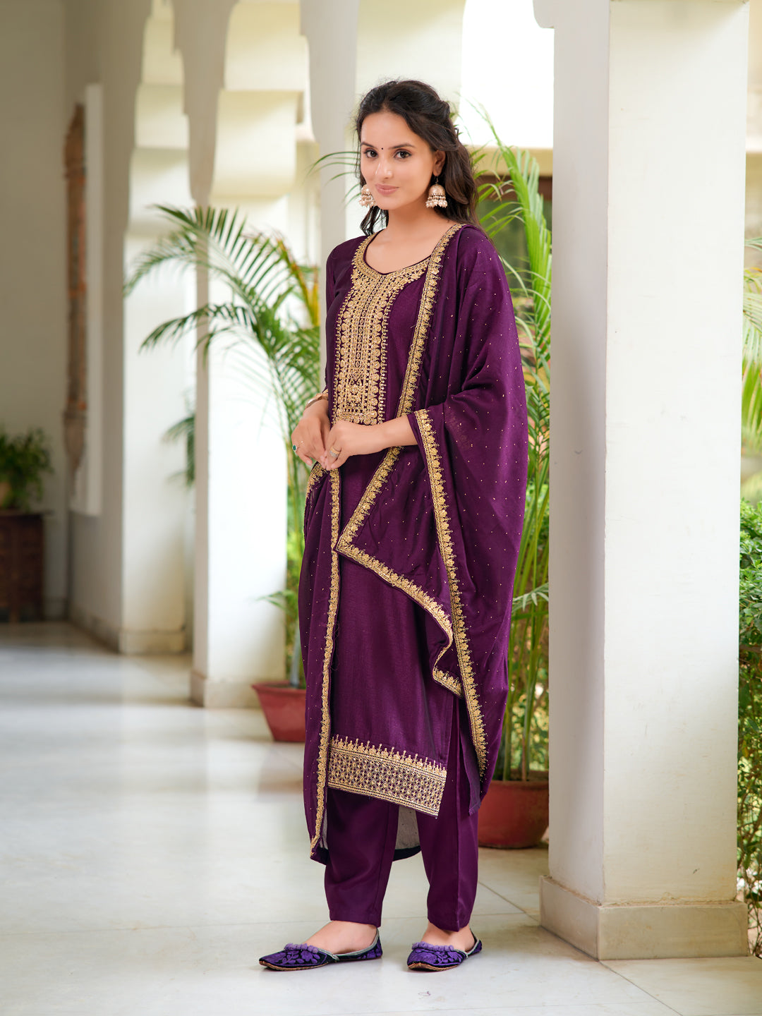 Embroidered Kurta with Pant & Printed Dupatta