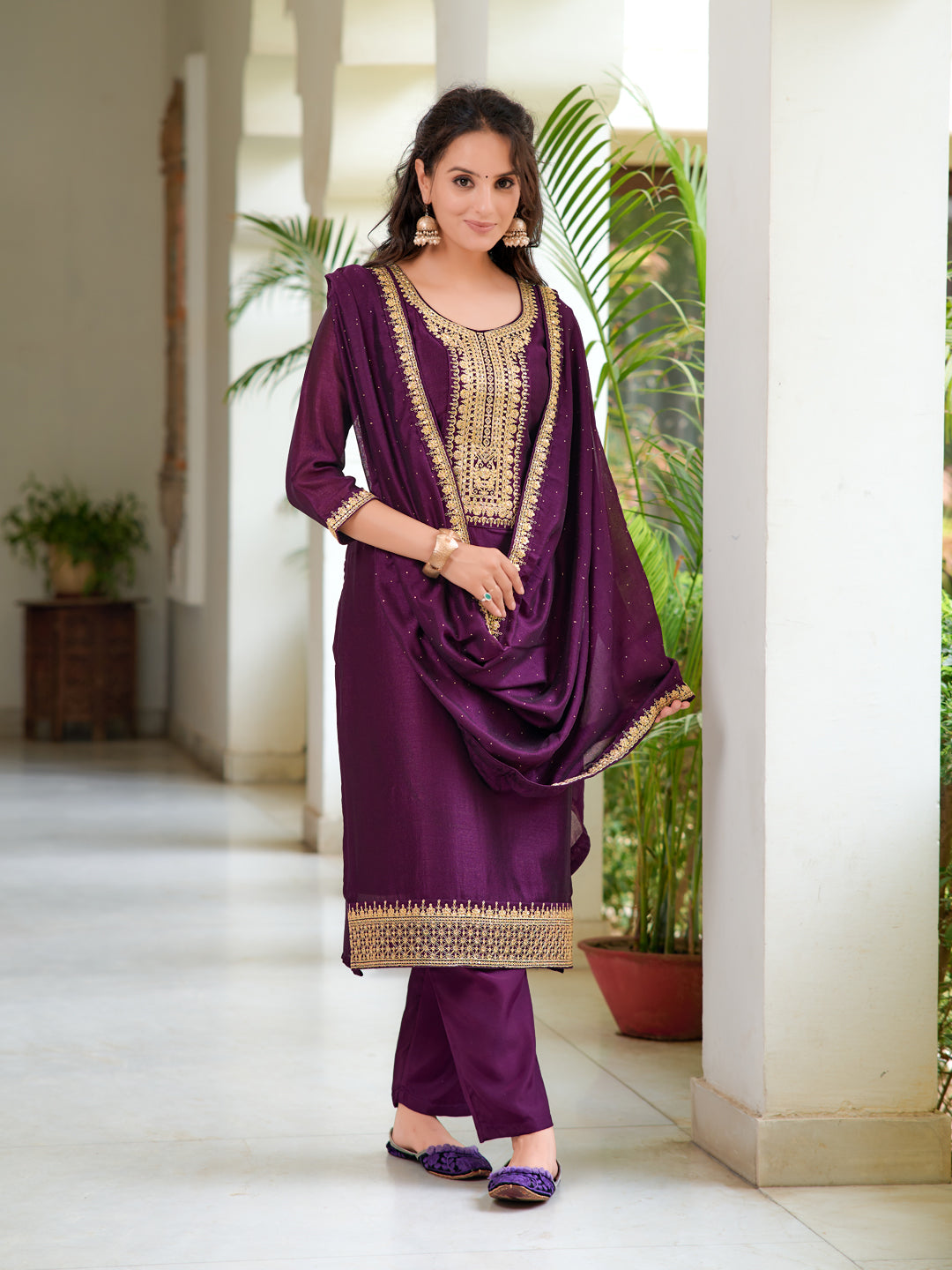 Embroidered Kurta with Pant & Printed Dupatta