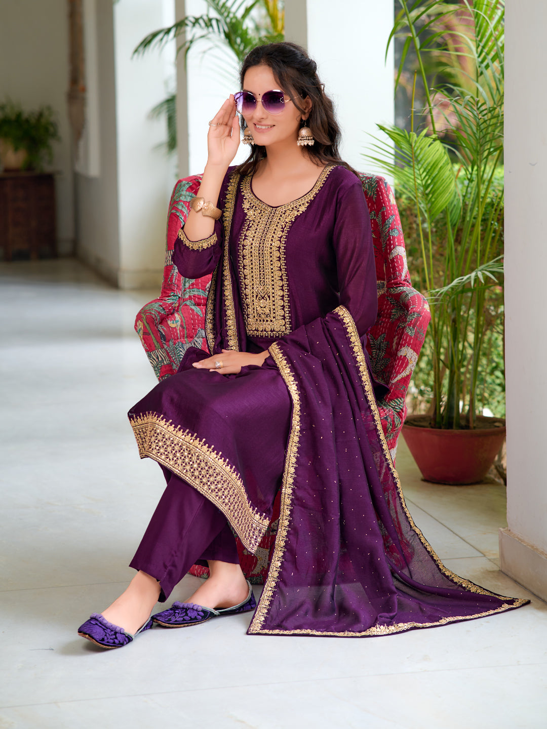 Embroidered Kurta with Pant & Printed Dupatta