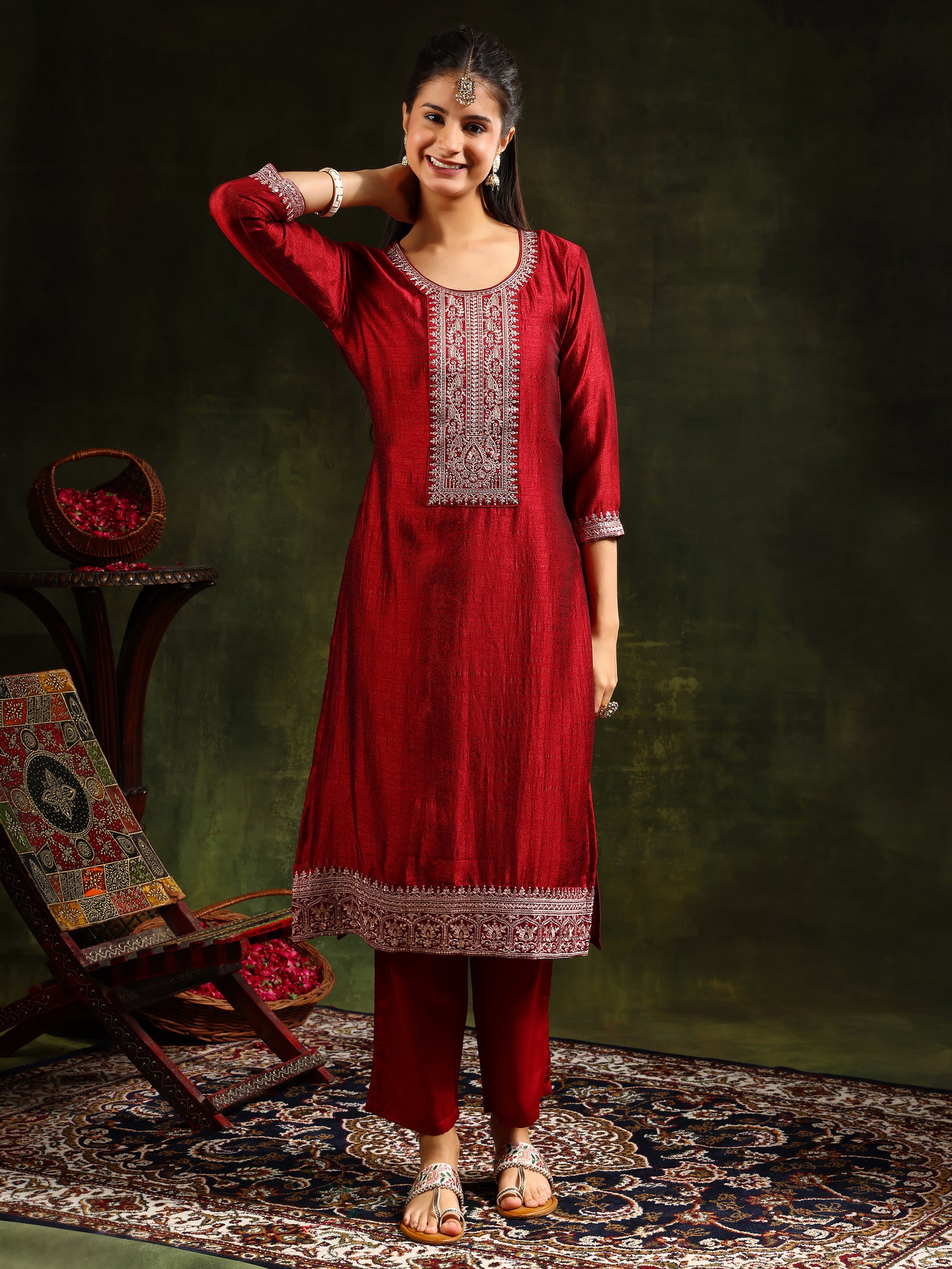 Sequined Embroidered Kurta with Pant & Embroidered Dupatta