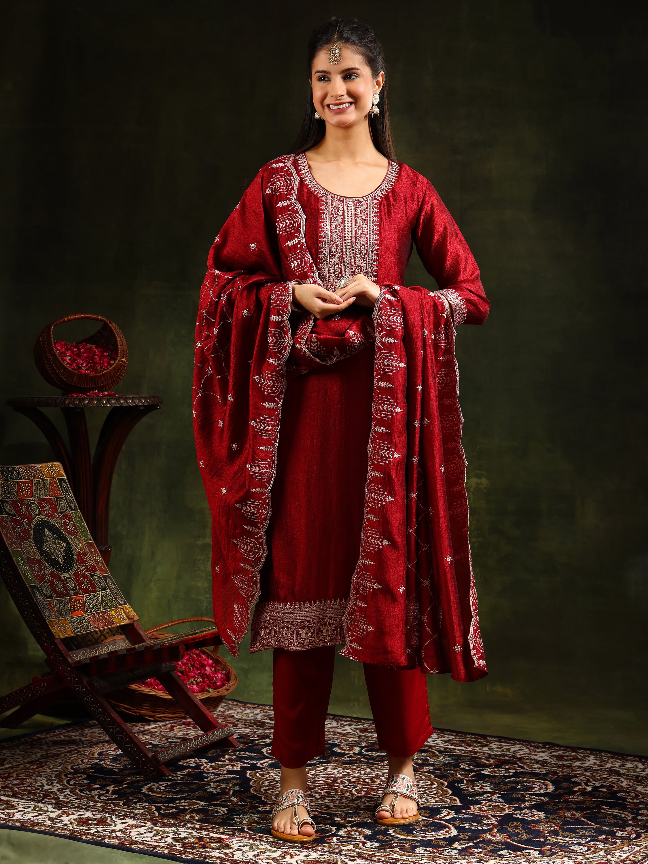 Sequined Embroidered Kurta with Pant & Embroidered Dupatta