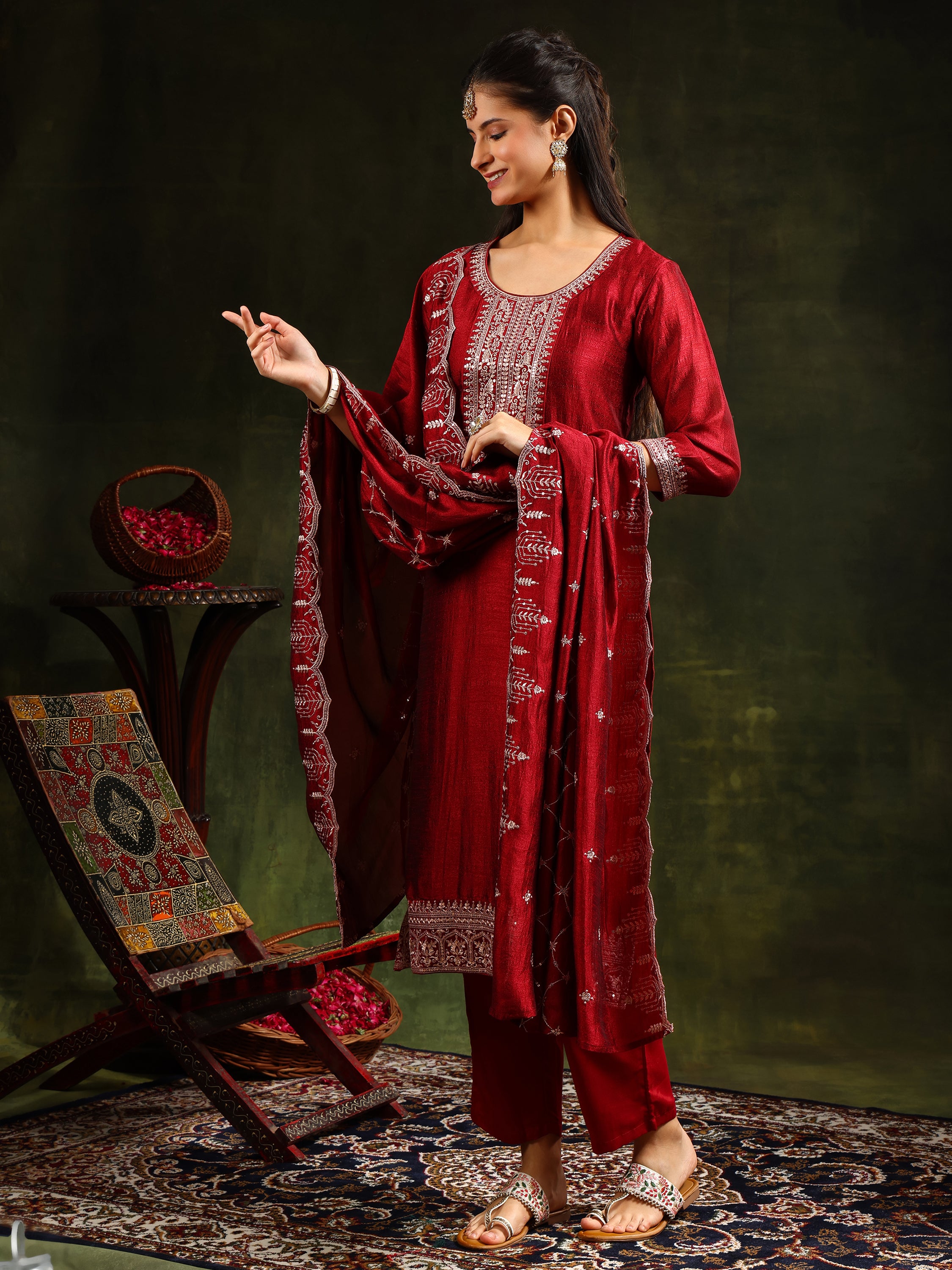 Sequined Embroidered Kurta with Pant & Embroidered Dupatta