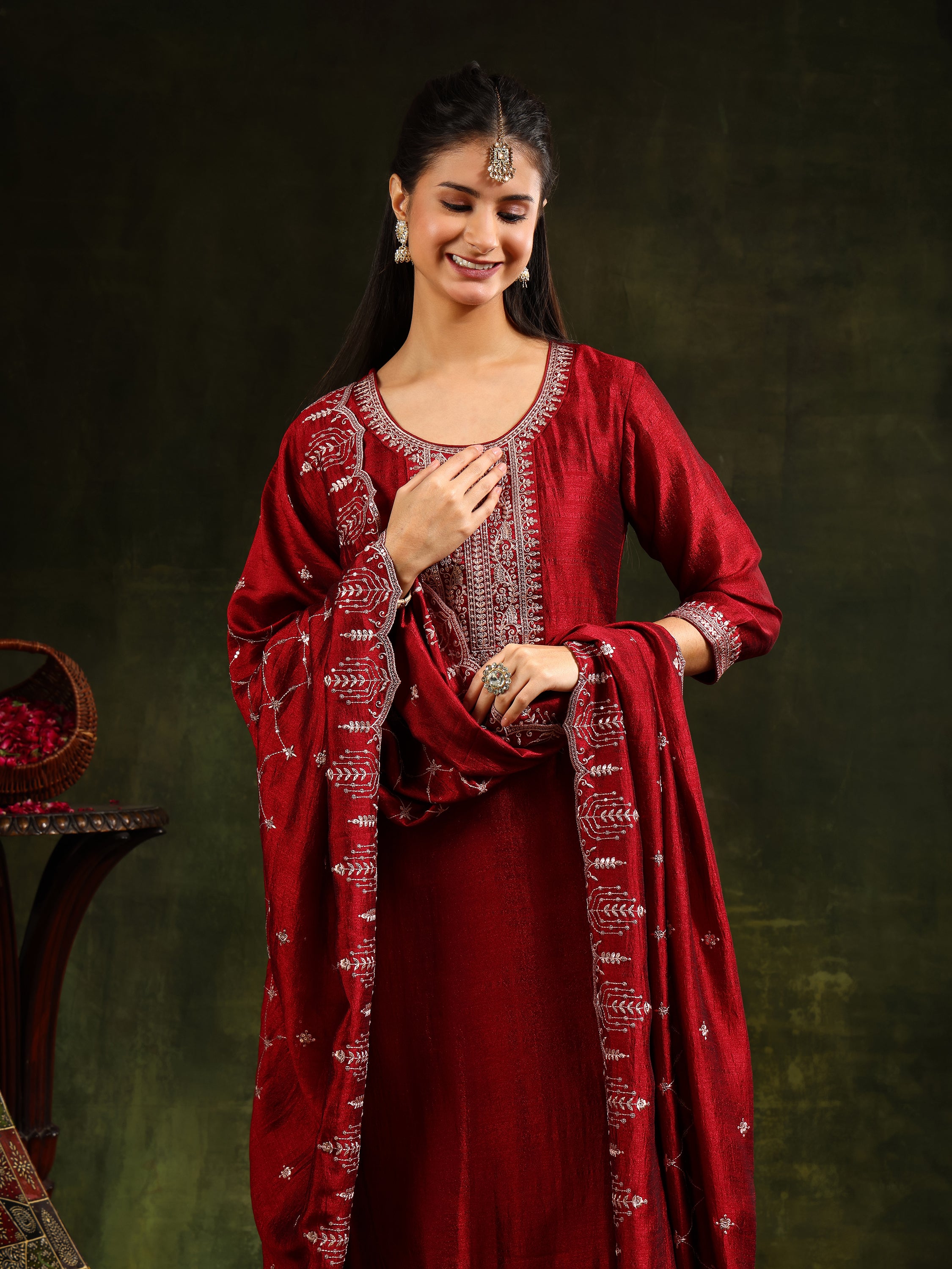 Sequined Embroidered Kurta with Pant & Embroidered Dupatta