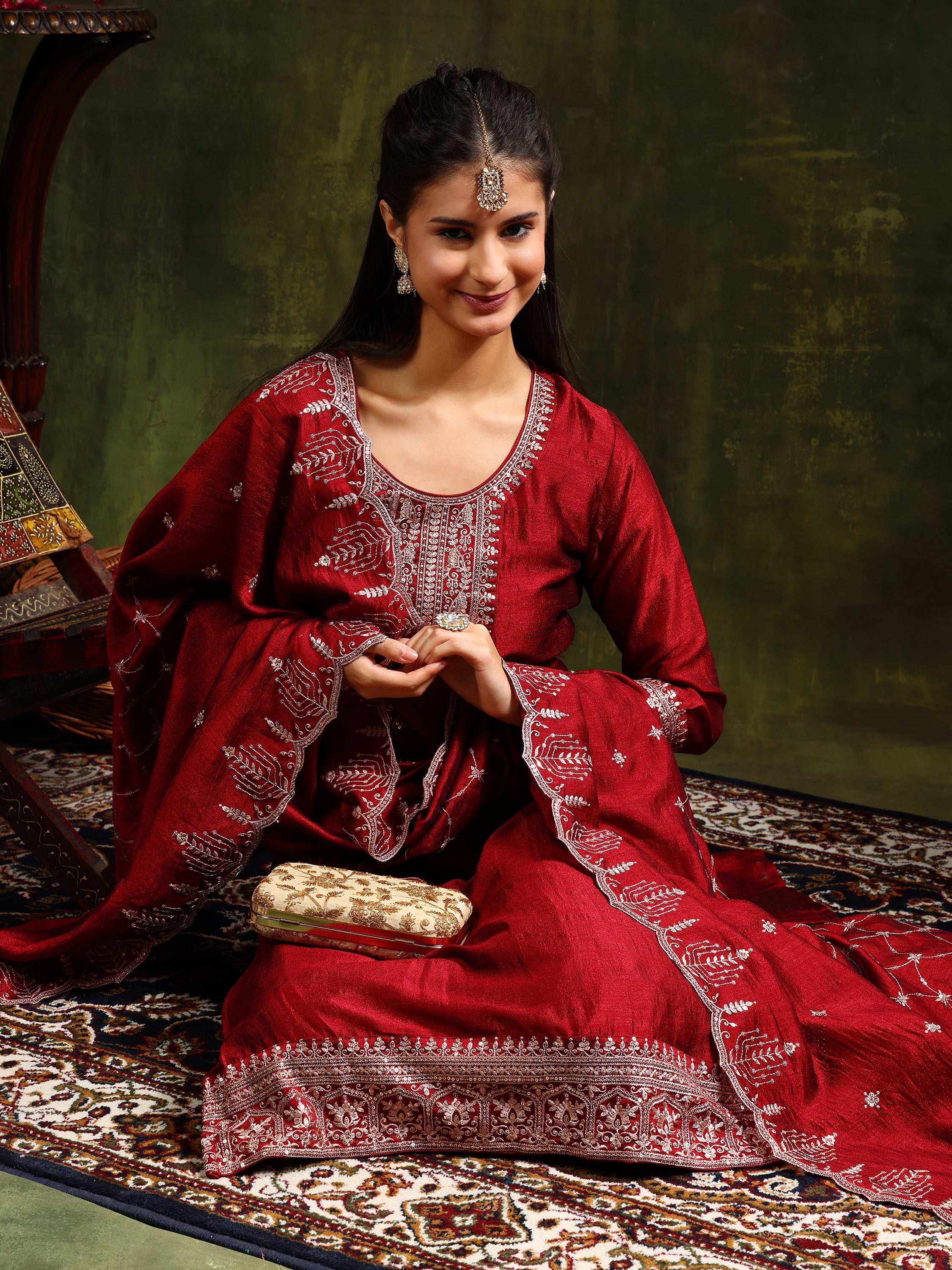 Sequined Embroidered Kurta with Pant & Embroidered Dupatta