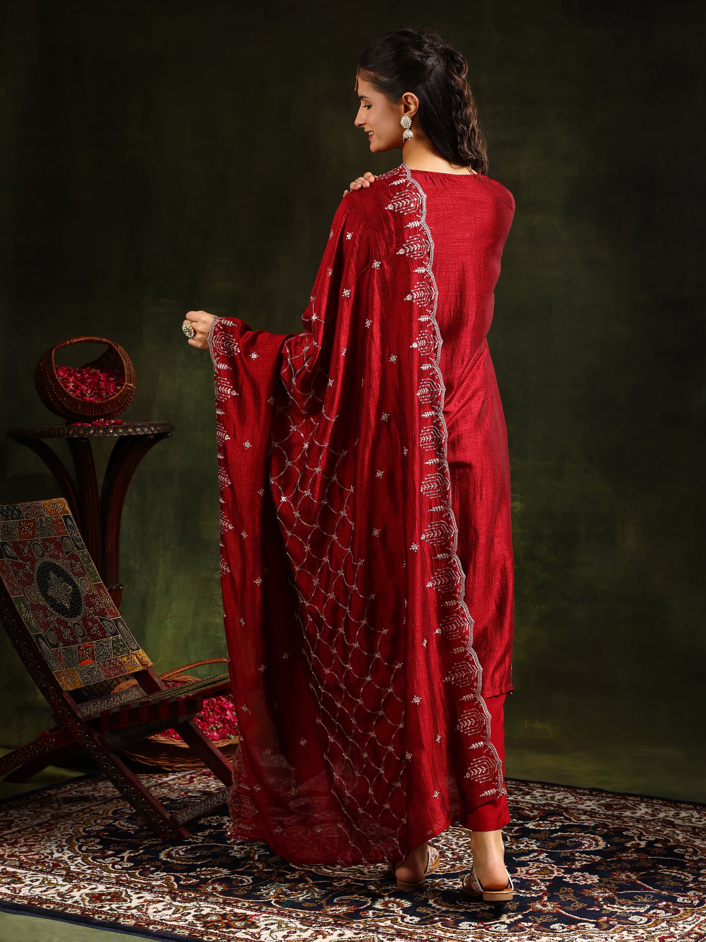 Sequined Embroidered Kurta with Pant & Embroidered Dupatta