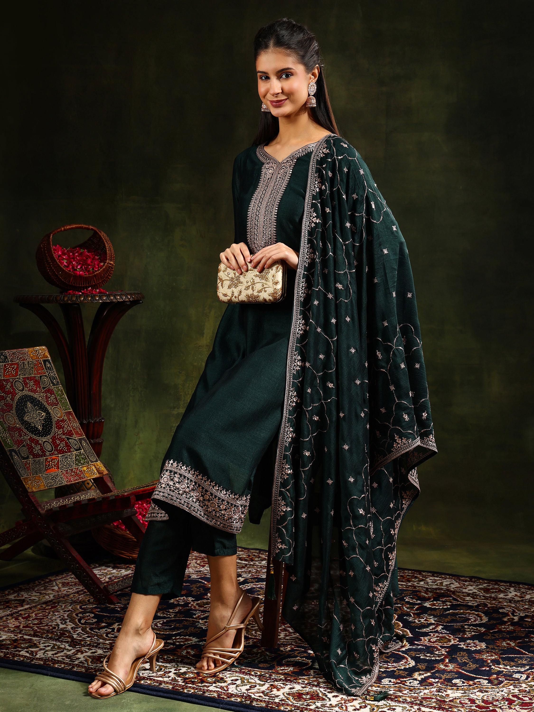 Sequined Embroidered Kurta with Pant & Embroidered Dupatta