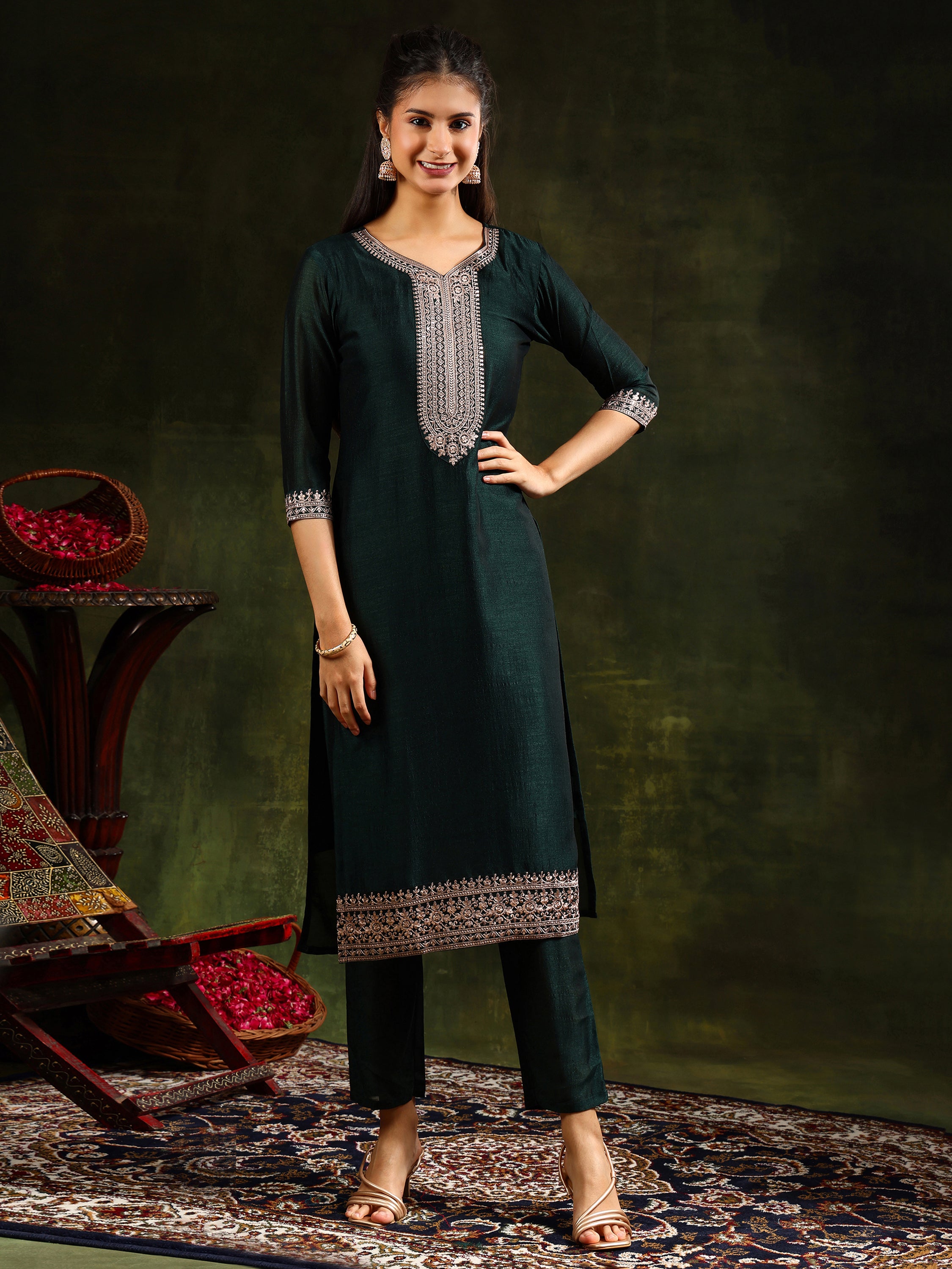 Sequined Embroidered Kurta with Pant & Embroidered Dupatta