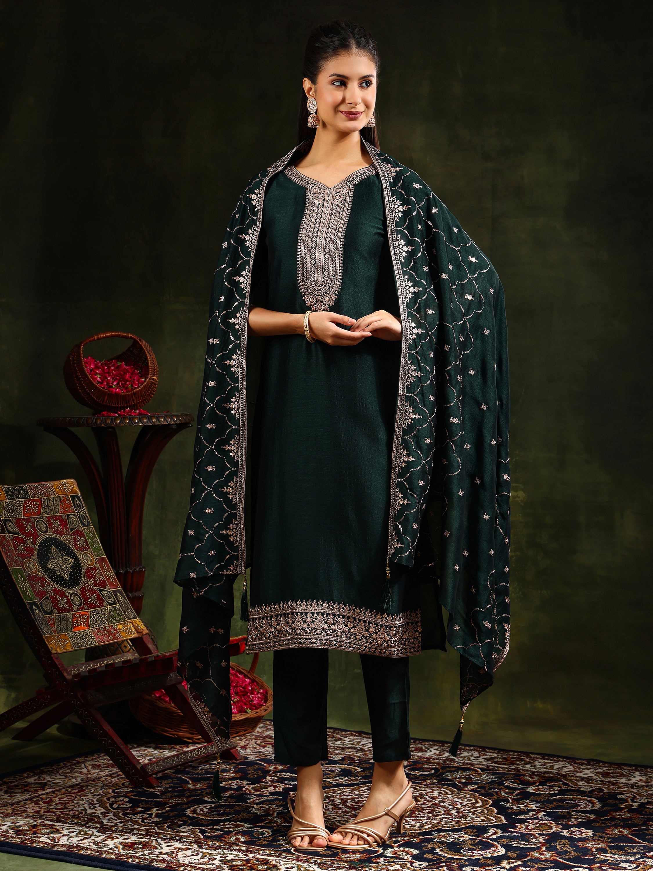 Sequined Embroidered Kurta with Pant & Embroidered Dupatta