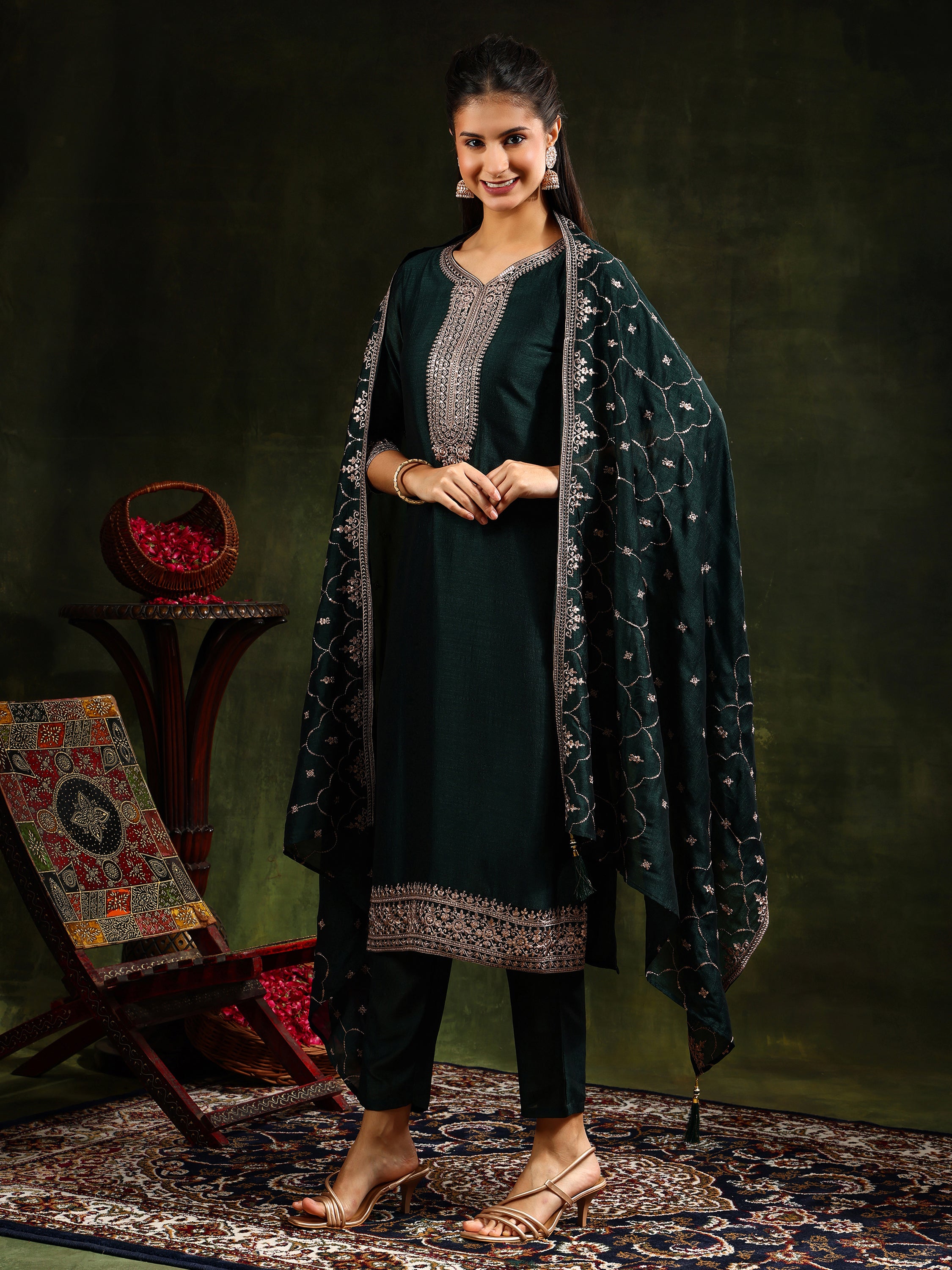 Sequined Embroidered Kurta with Pant & Embroidered Dupatta