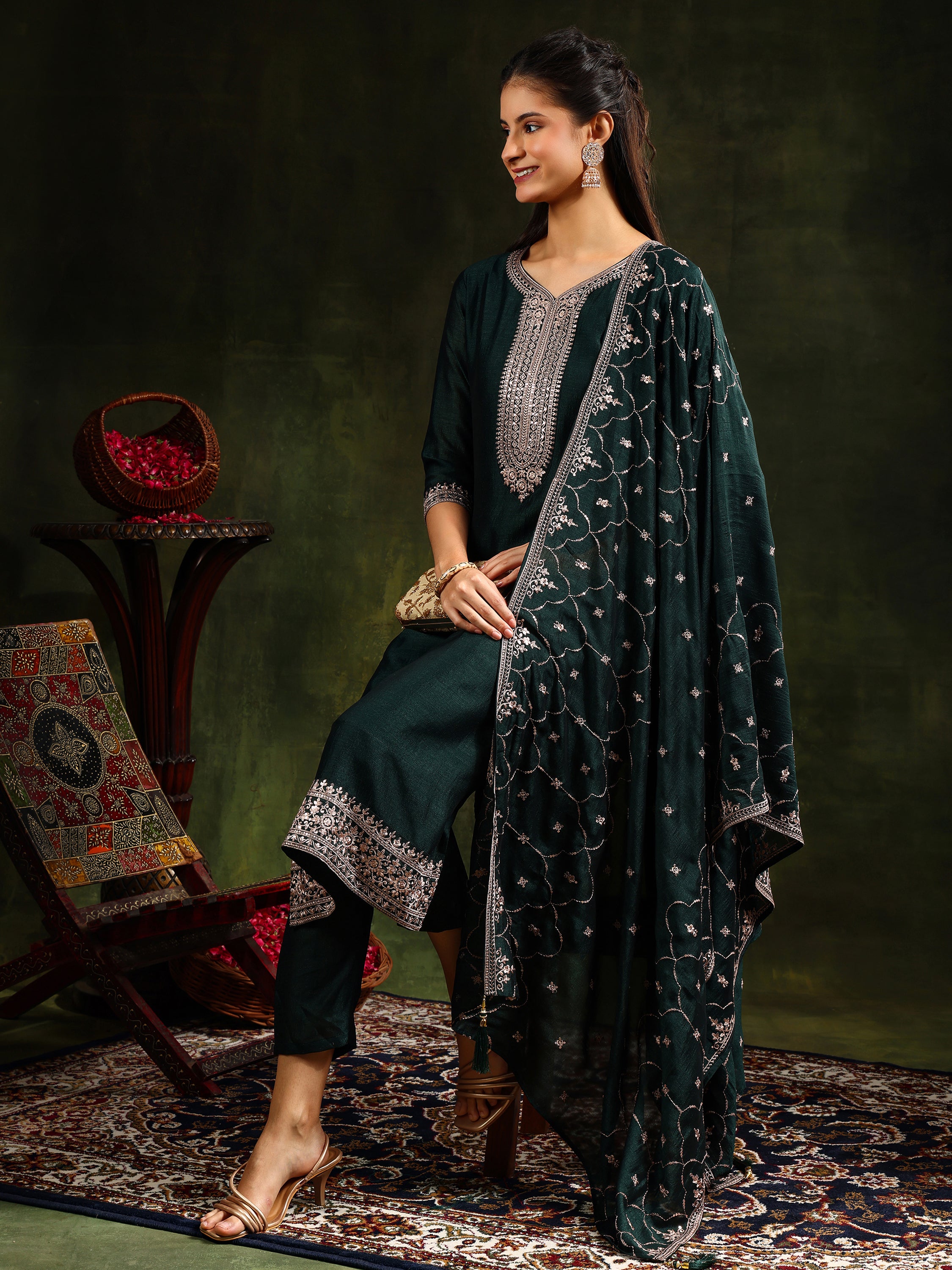 Sequined Embroidered Kurta with Pant & Embroidered Dupatta