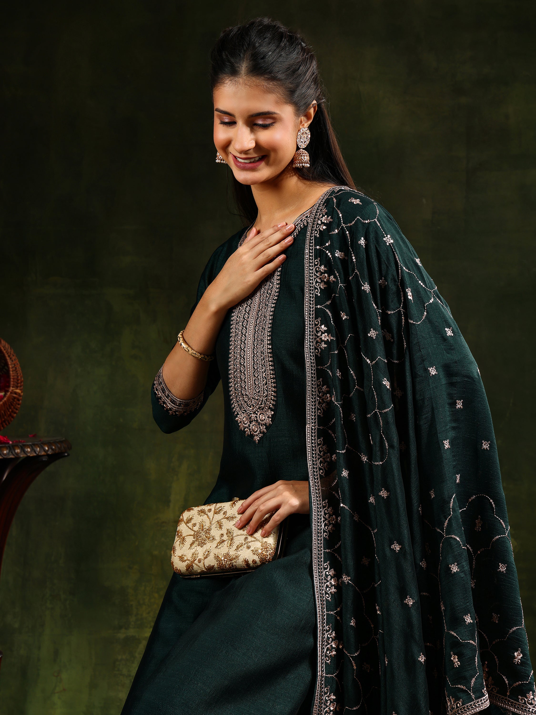 Sequined Embroidered Kurta with Pant & Embroidered Dupatta