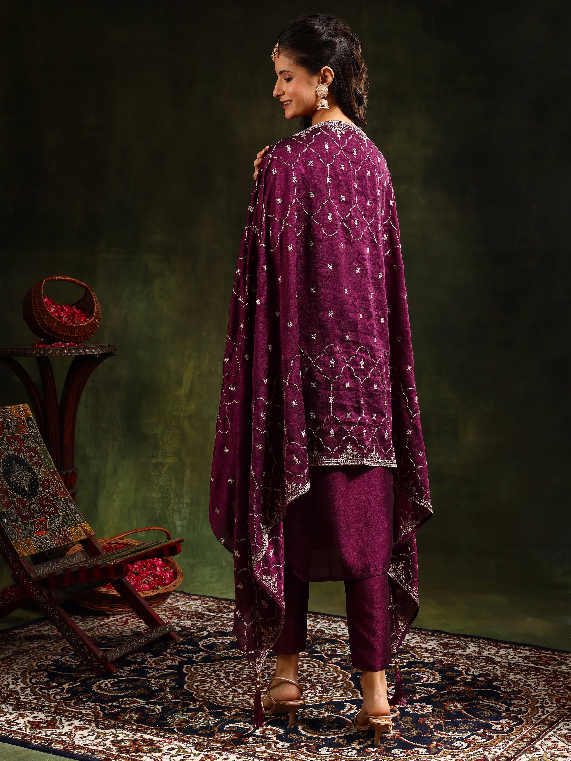 Sequined Embroidered Kurta with Pant & Embroidered Dupatta