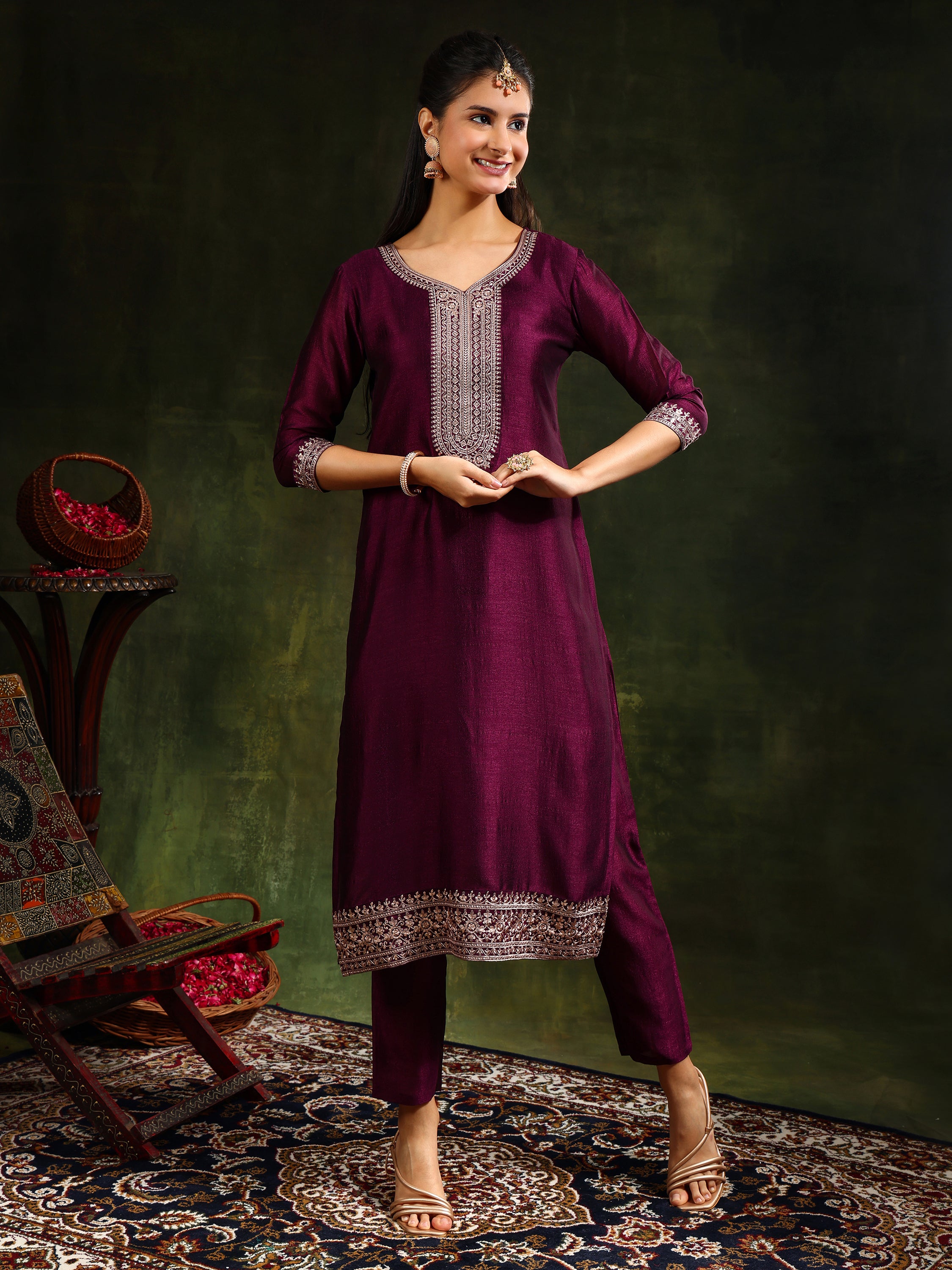 Sequined Embroidered Kurta with Pant & Embroidered Dupatta