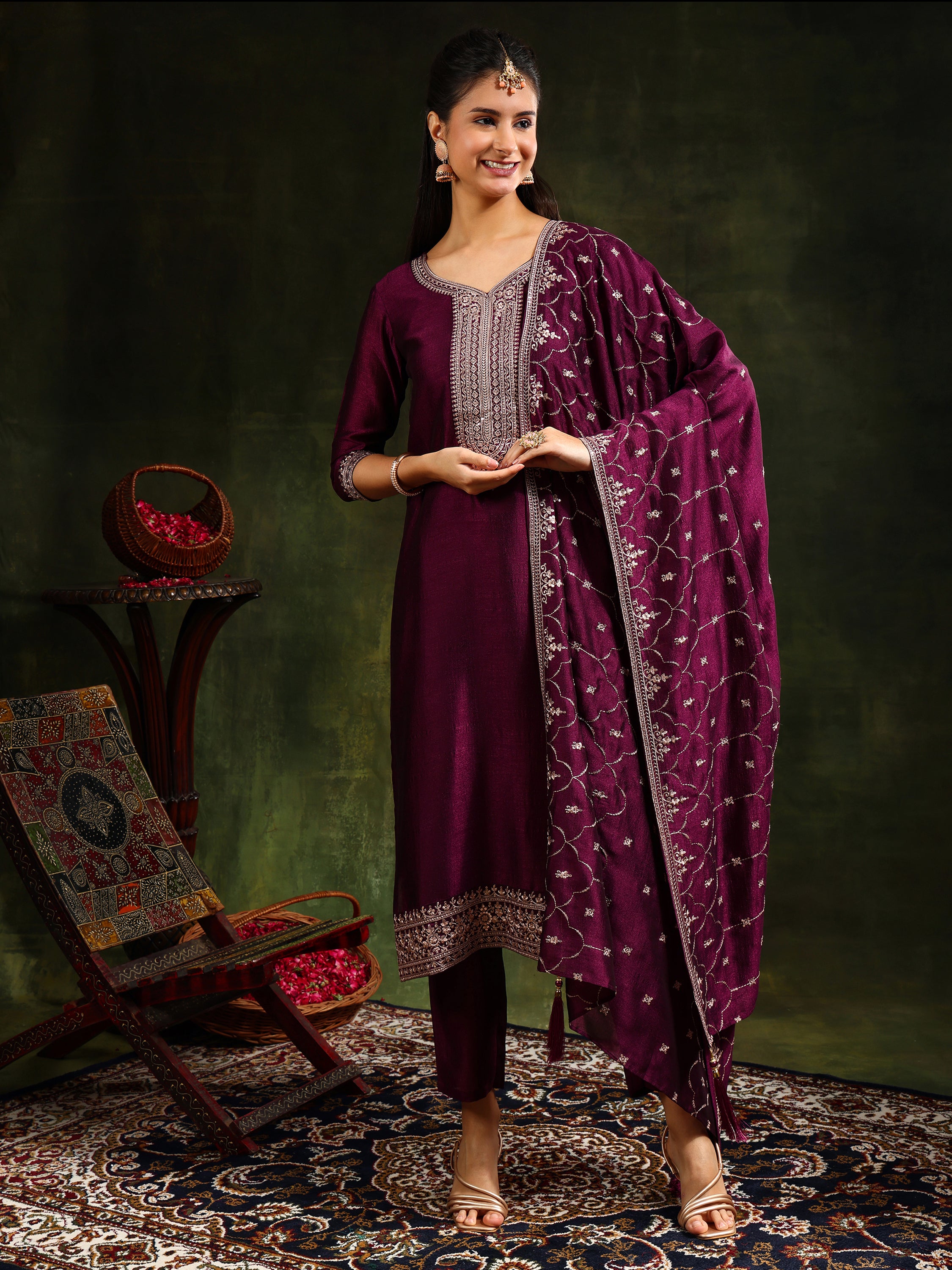 Sequined Embroidered Kurta with Pant & Embroidered Dupatta