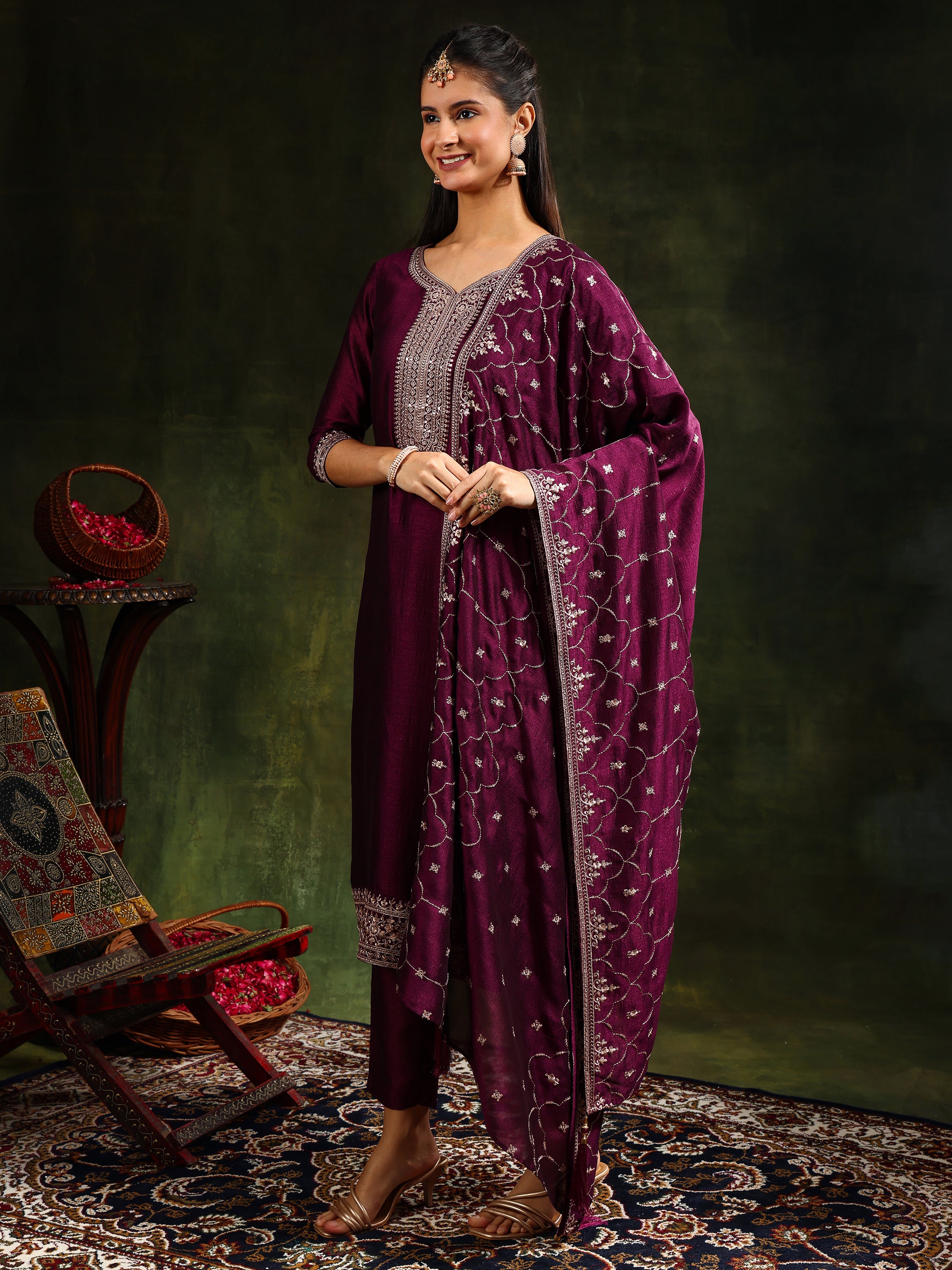 Sequined Embroidered Kurta with Pant & Embroidered Dupatta