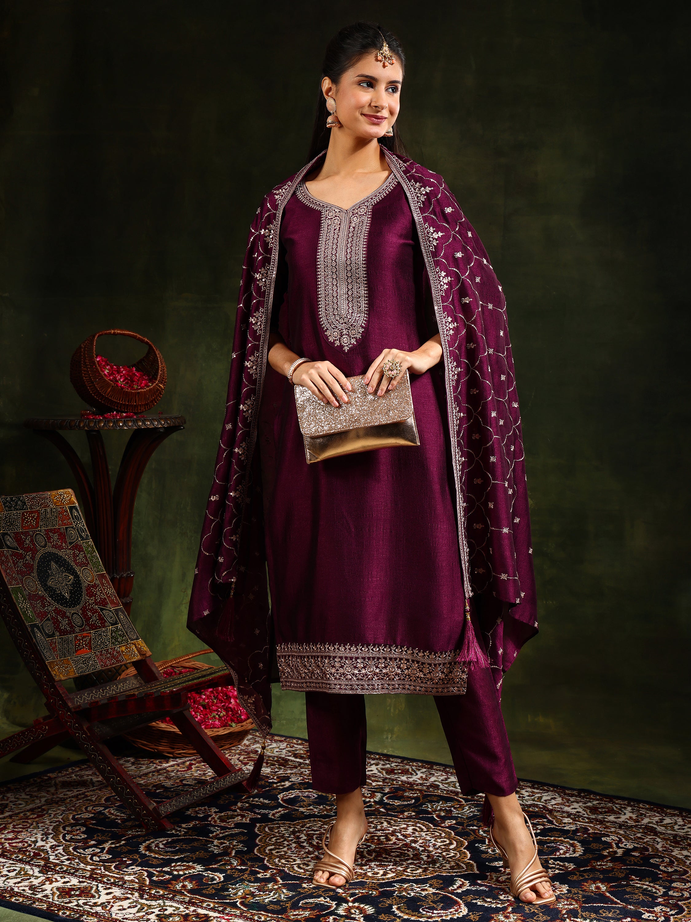 Sequined Embroidered Kurta with Pant & Embroidered Dupatta