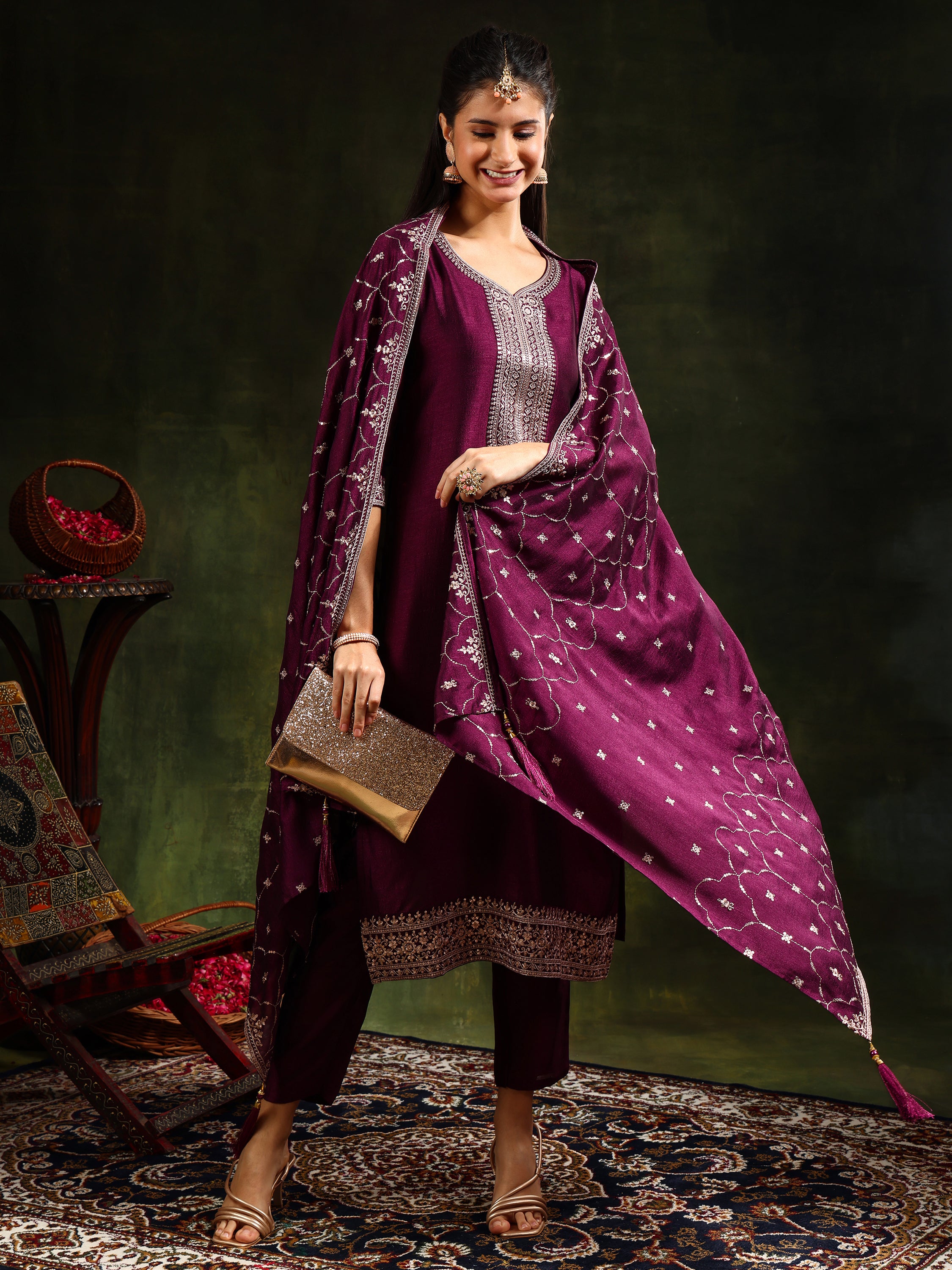 Sequined Embroidered Kurta with Pant & Embroidered Dupatta