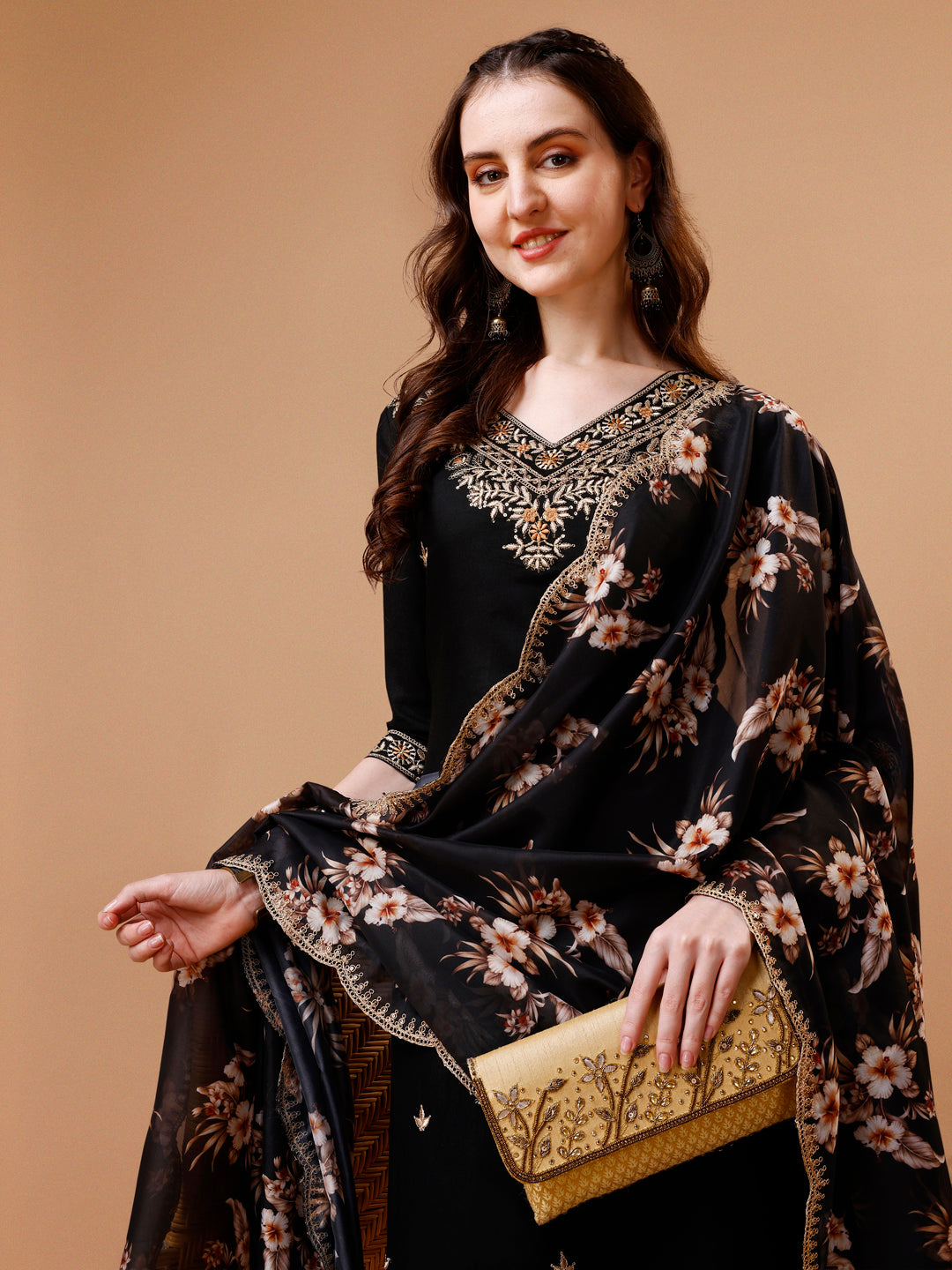 Embroidered kurta with pant & Floral Printed Cut embroidered work dupatta Premium