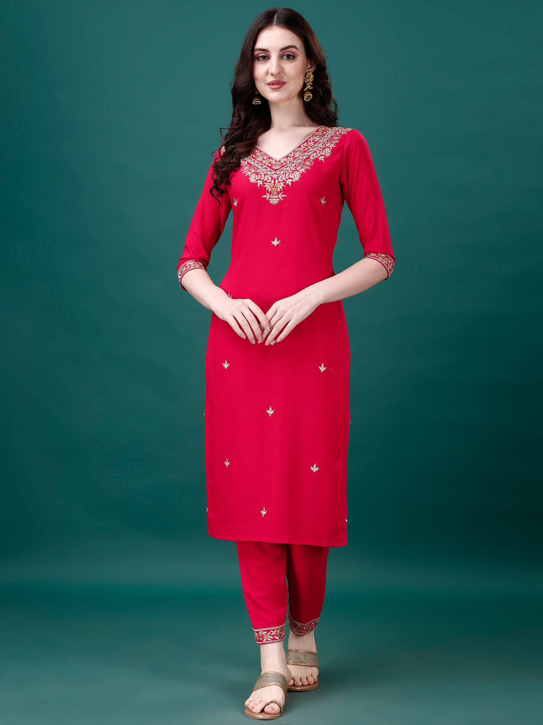 Embroidered Kurta with pant & Embroidered & Printed Dupatta