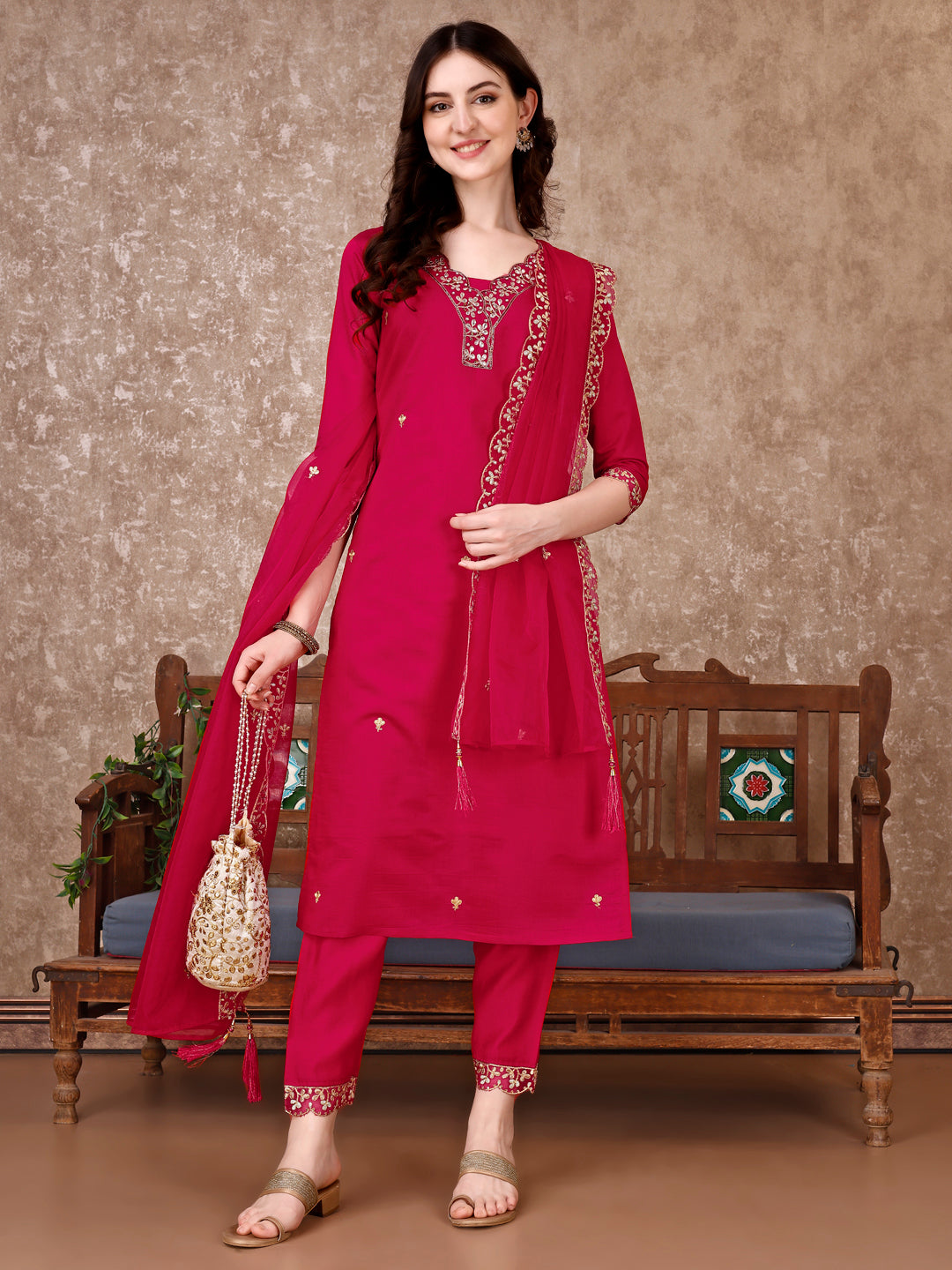 Embroidered Kurta With pant & Embroidered Dupatta