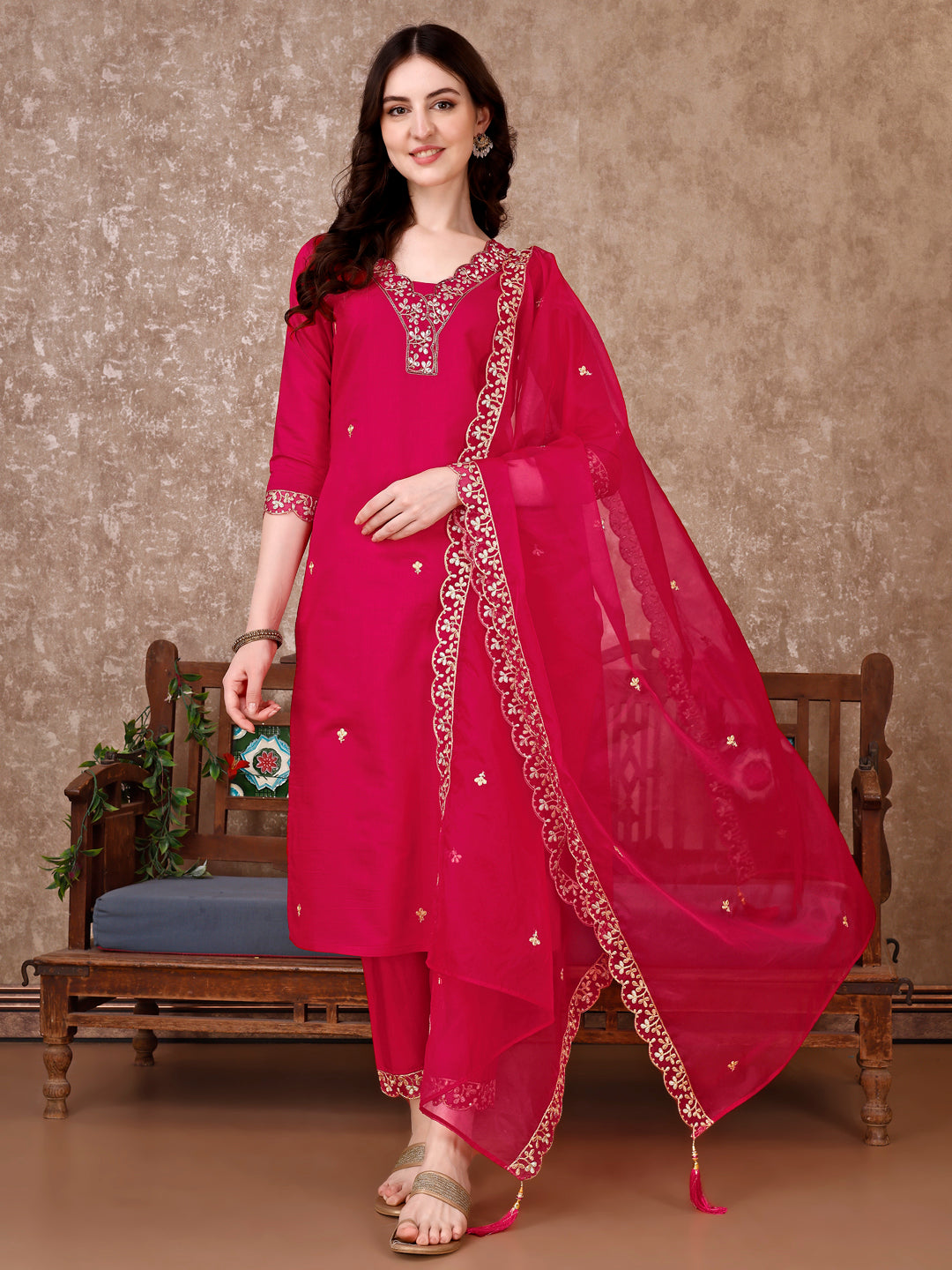 Embroidered Kurta With pant & Embroidered Dupatta