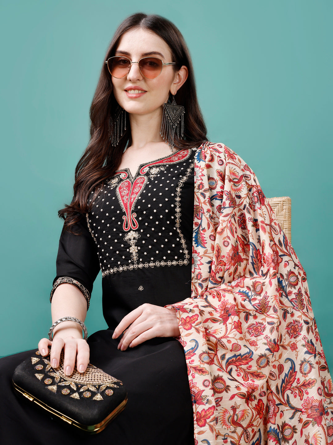 Hand Embroidered Kurta with pant & Printed Dupatta