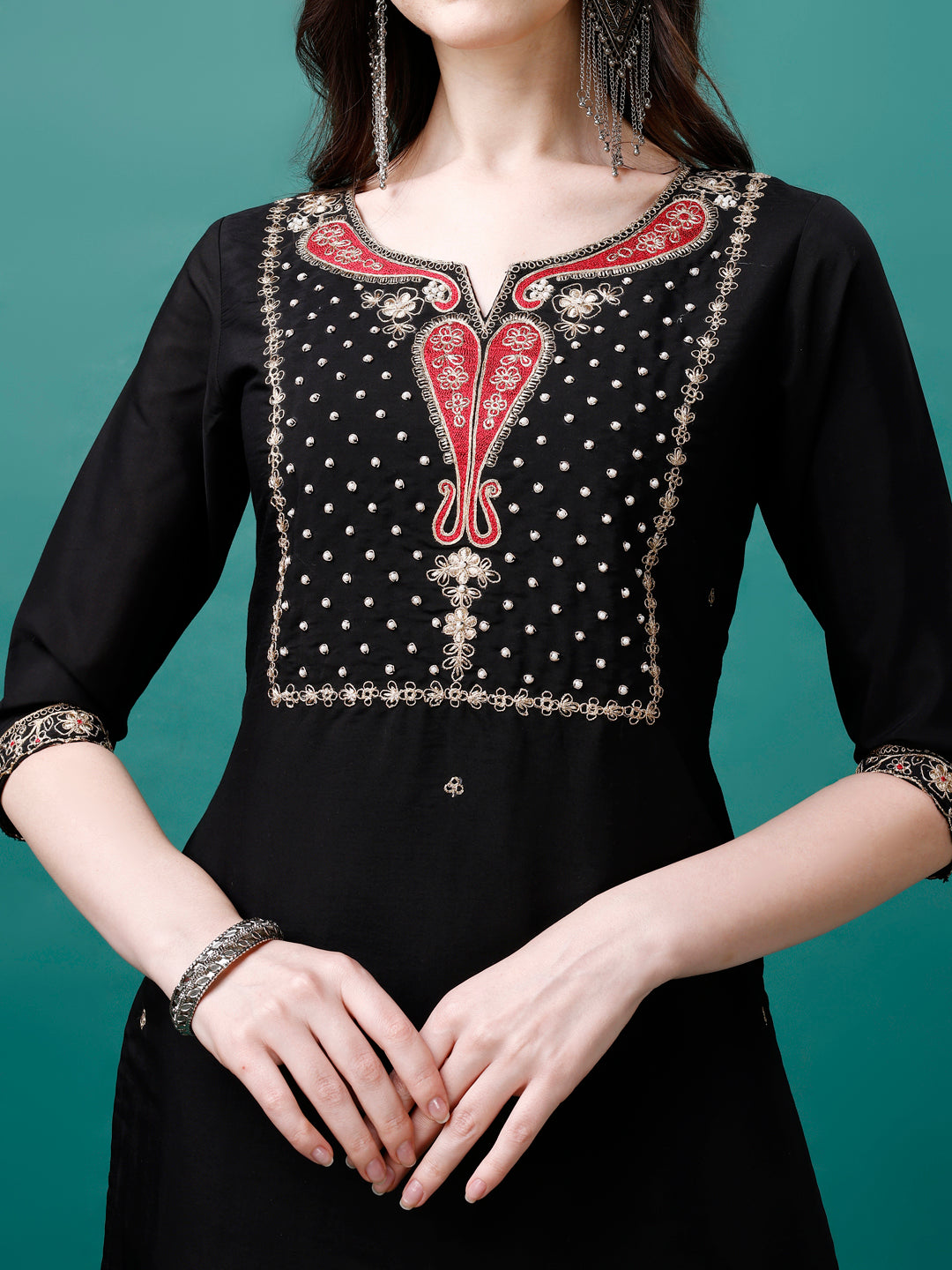 Hand Embroidered Kurta with pant & Printed Dupatta