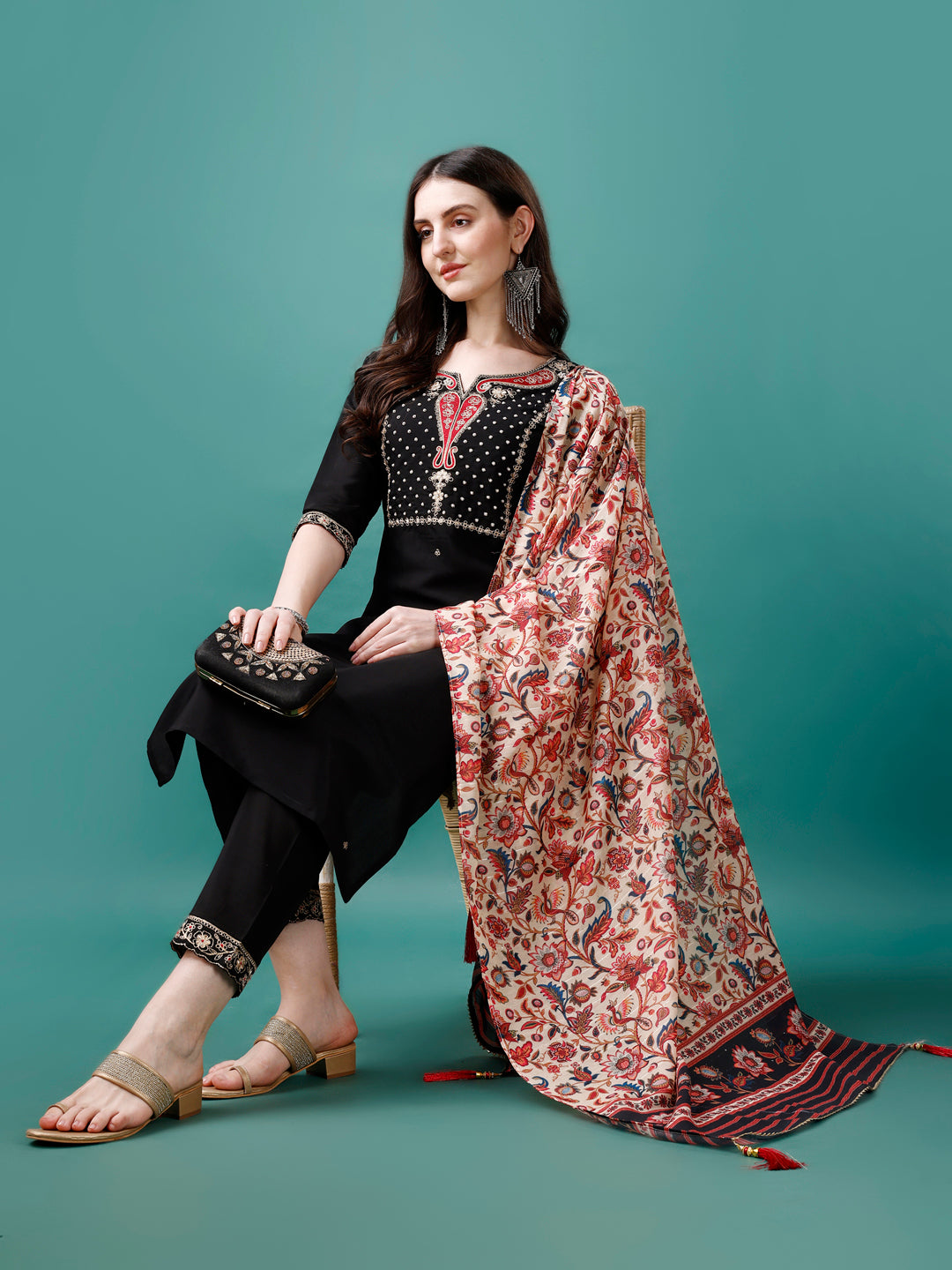 Hand Embroidered Kurta with pant & Printed Dupatta