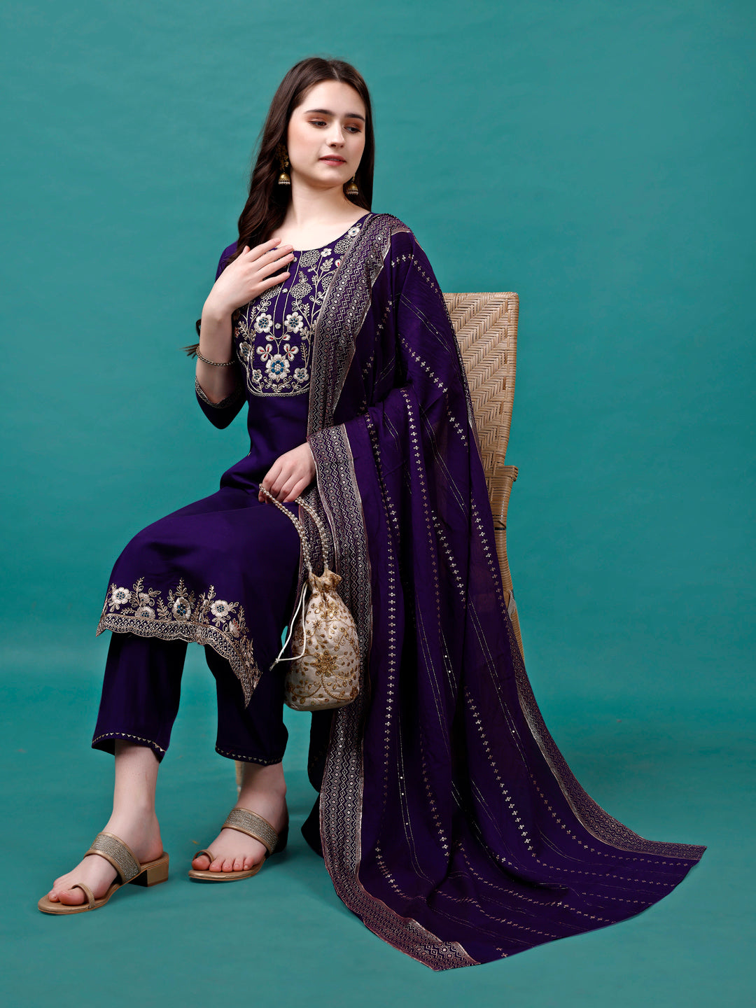Embroidered Kurta with pant & sequined Dupatta