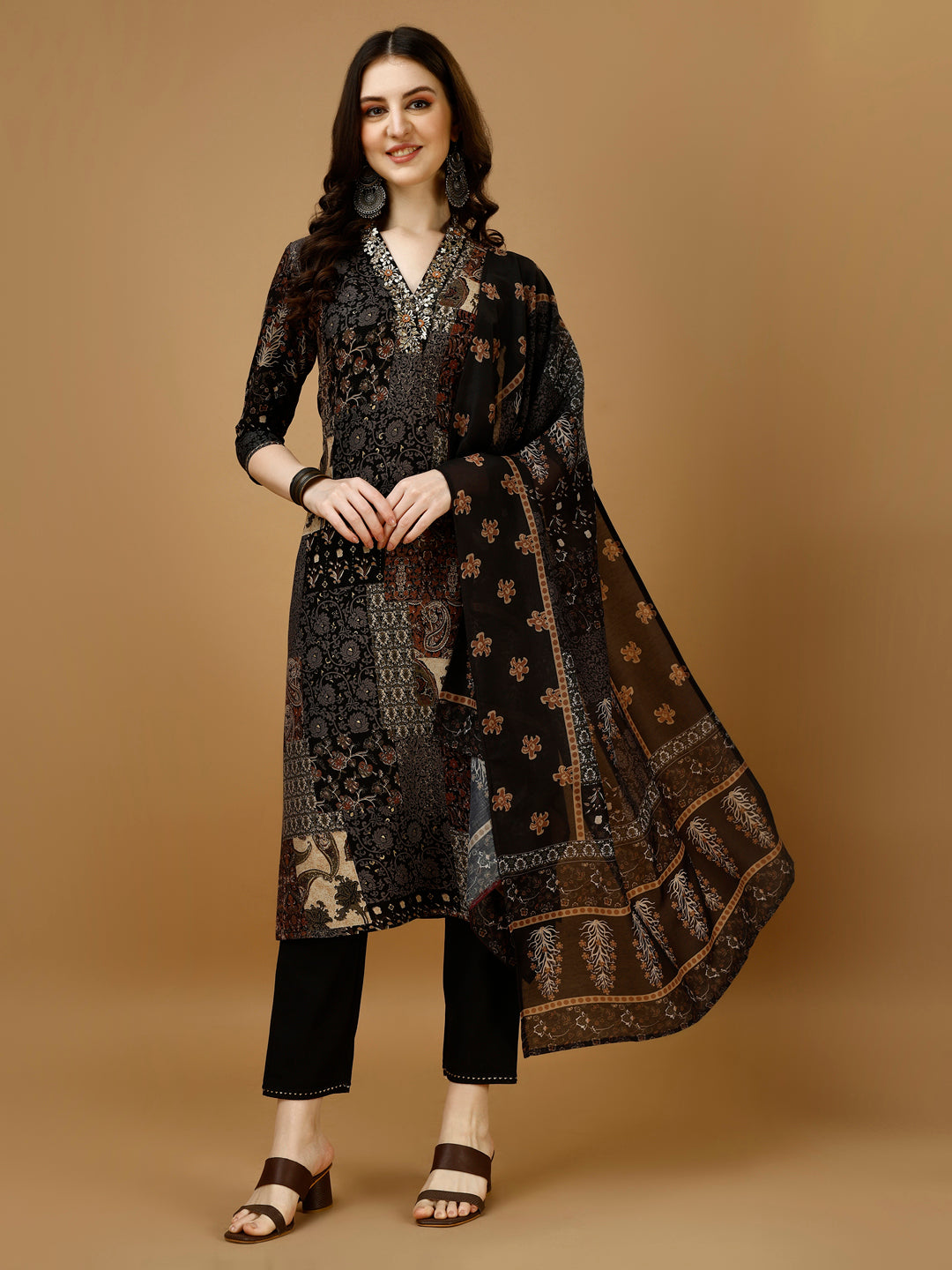 Hand Embroidered & Printed Kurta with Pant & Dupatta