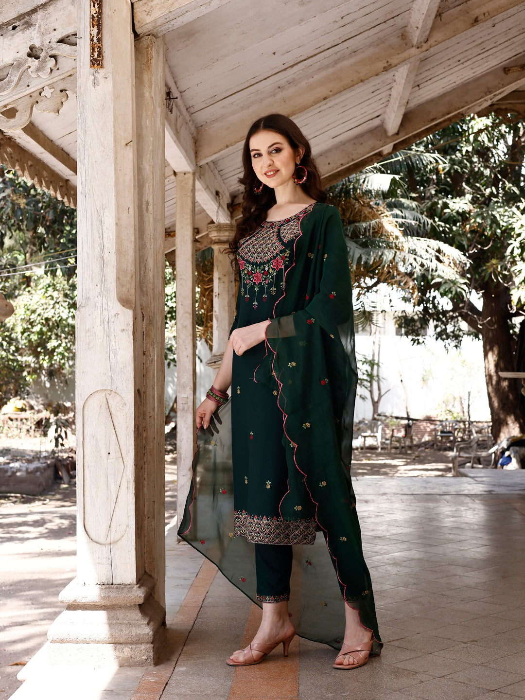 Embroidered Kurta with Pant & Organza Embroidered Dupatta premium