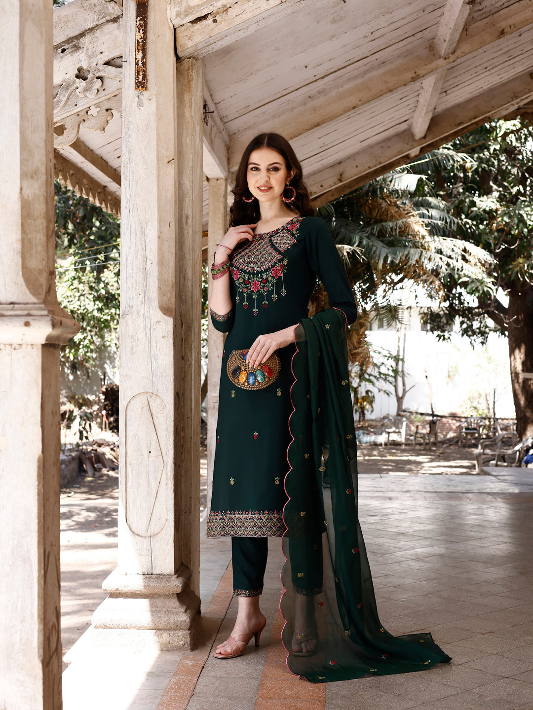 Embroidered Kurta with Pant & Organza Embroidered Dupatta premium