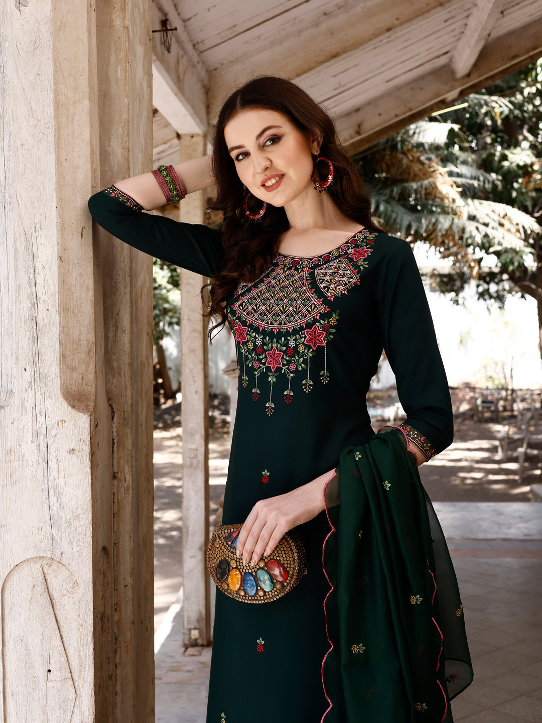 Embroidered Kurta with Pant & Organza Embroidered Dupatta premium