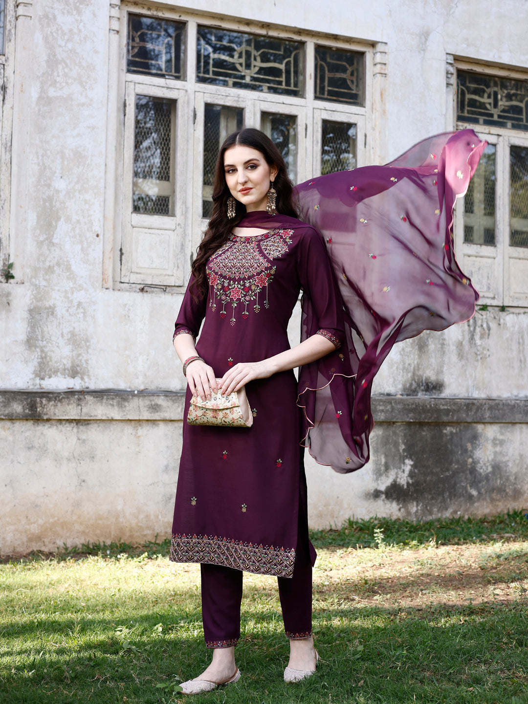 Embroidered Kurta with Pant & Organza Embroidered Dupatta premium