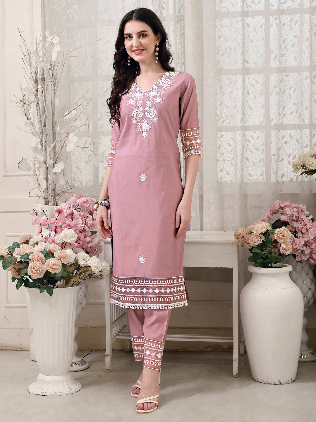 Pakistani Embroidered Kurta with Pant & Embroidered Dupatta