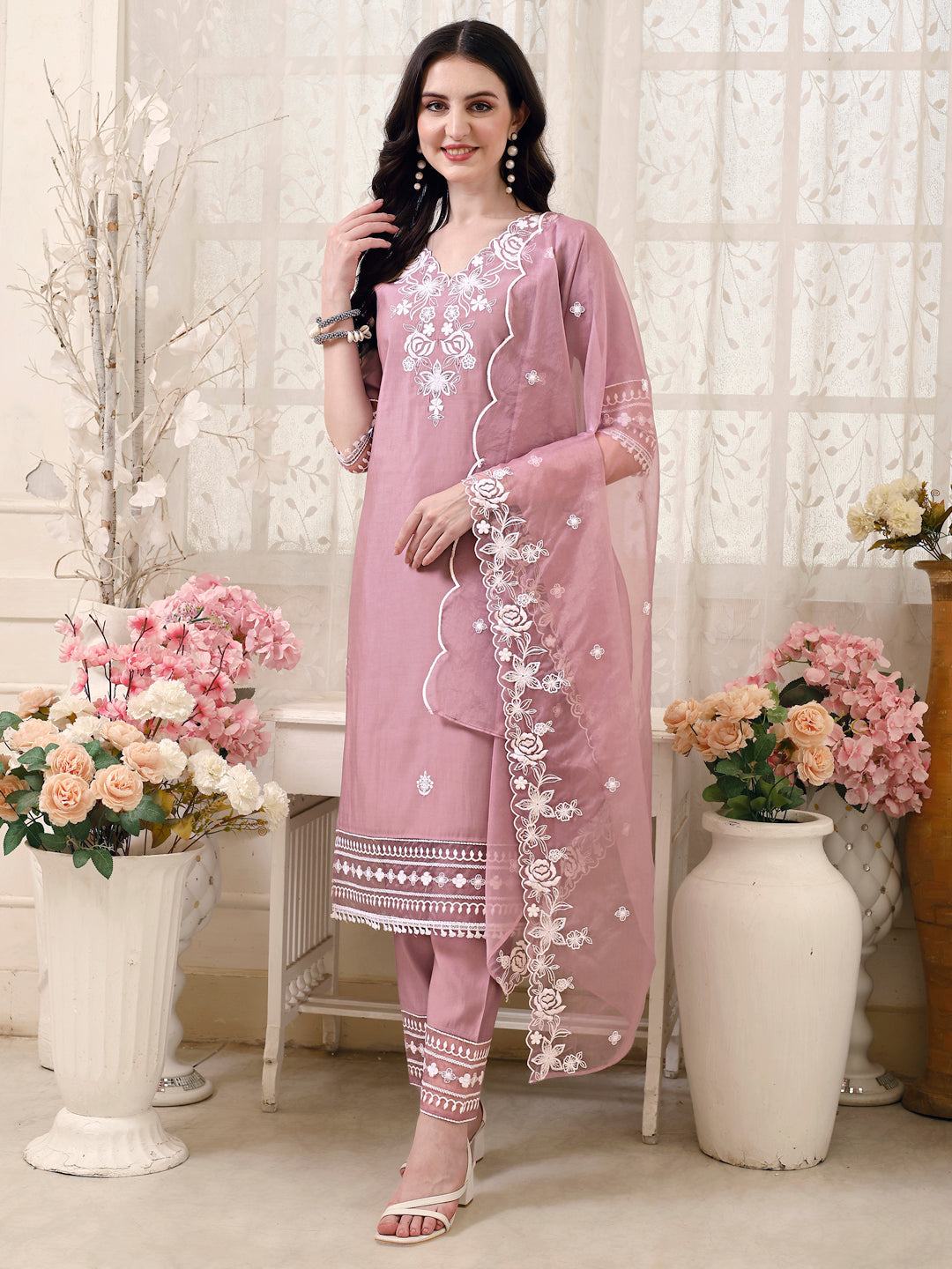 Pakistani Embroidered Kurta with Pant & Embroidered Dupatta