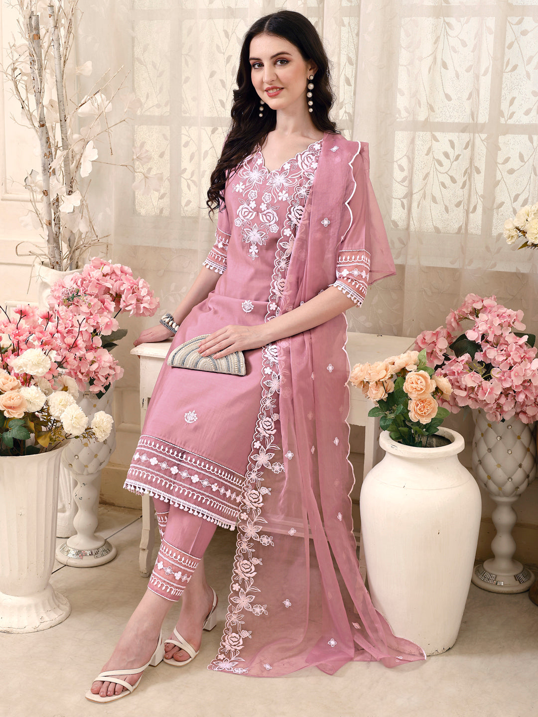 Pakistani Embroidered Kurta with Pant & Embroidered Dupatta