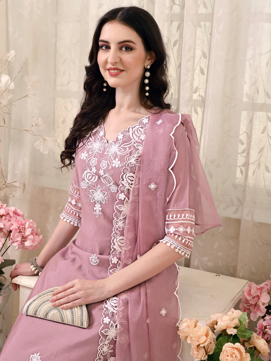 Pakistani Embroidered Kurta with Pant & Embroidered Dupatta