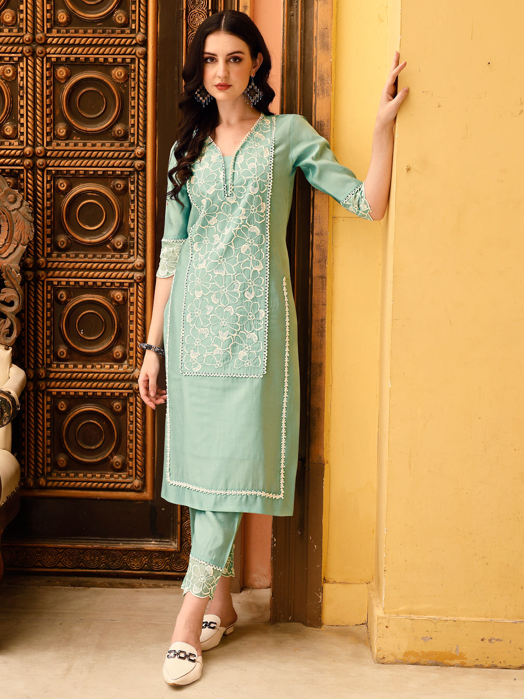 Pakistani Embroidered Kurta with Pant & Embroidered Dupatta