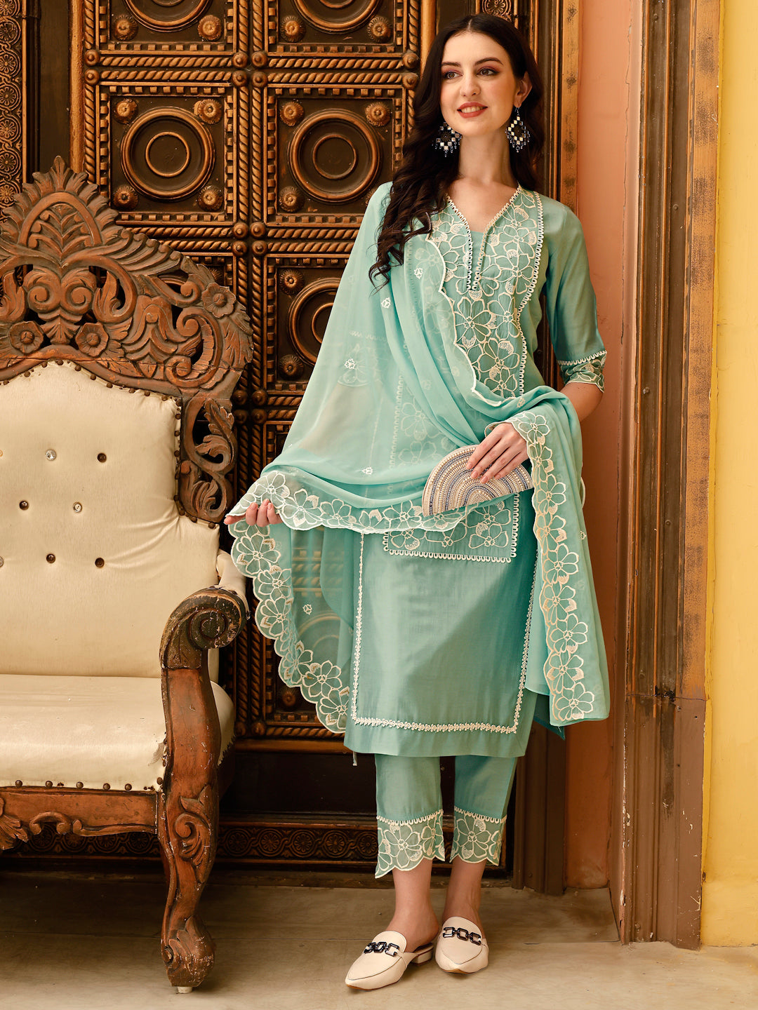 Pakistani Embroidered Kurta with Pant & Embroidered Dupatta