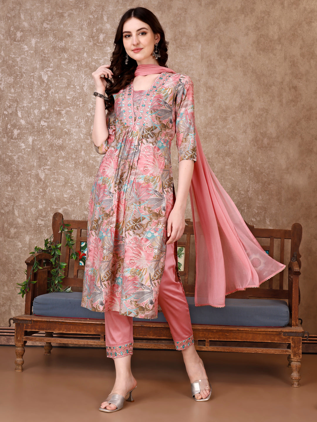 Embroidered & Floral Printed Kurta with Pant & Dupatta Premium Luxury