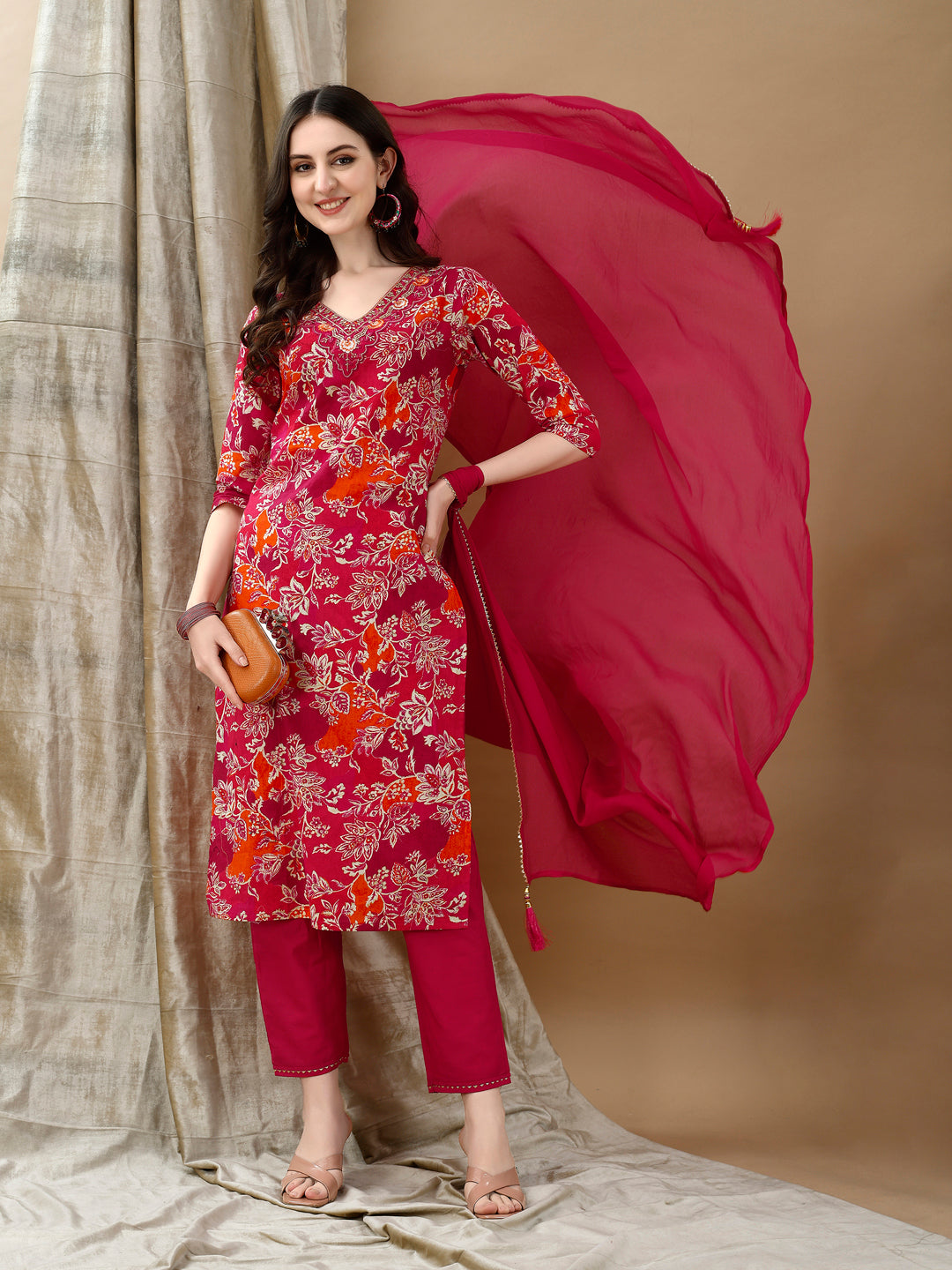 Embroidered & Floral Printed Kurta with Pant & Dupatta